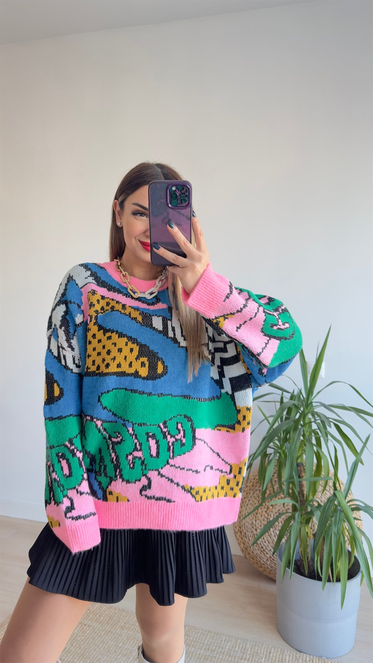 Renkli Desenli Tasarım Pembe Kazak