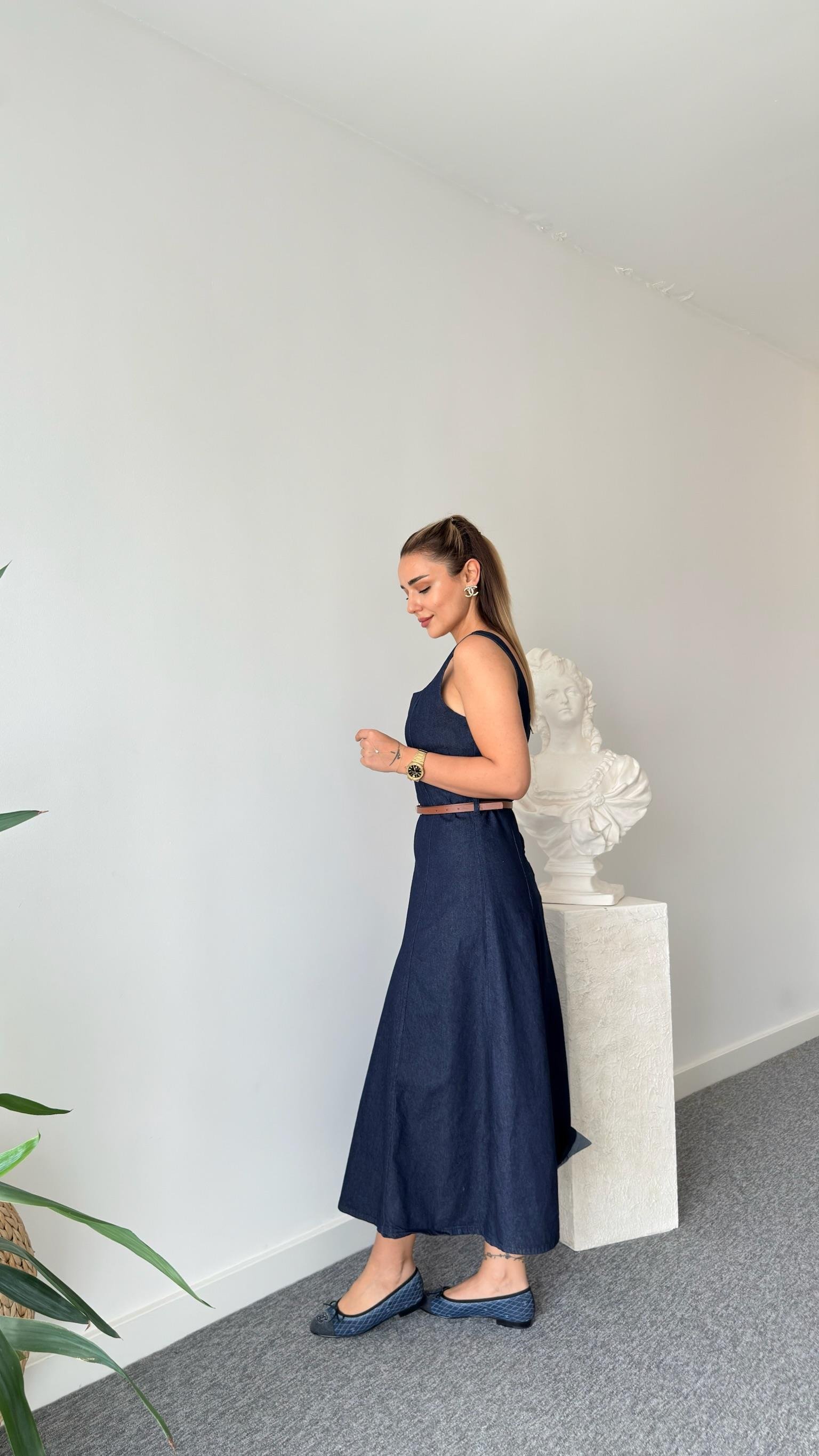 Luena Kemer Detaylı Askılı Jean Elbise 