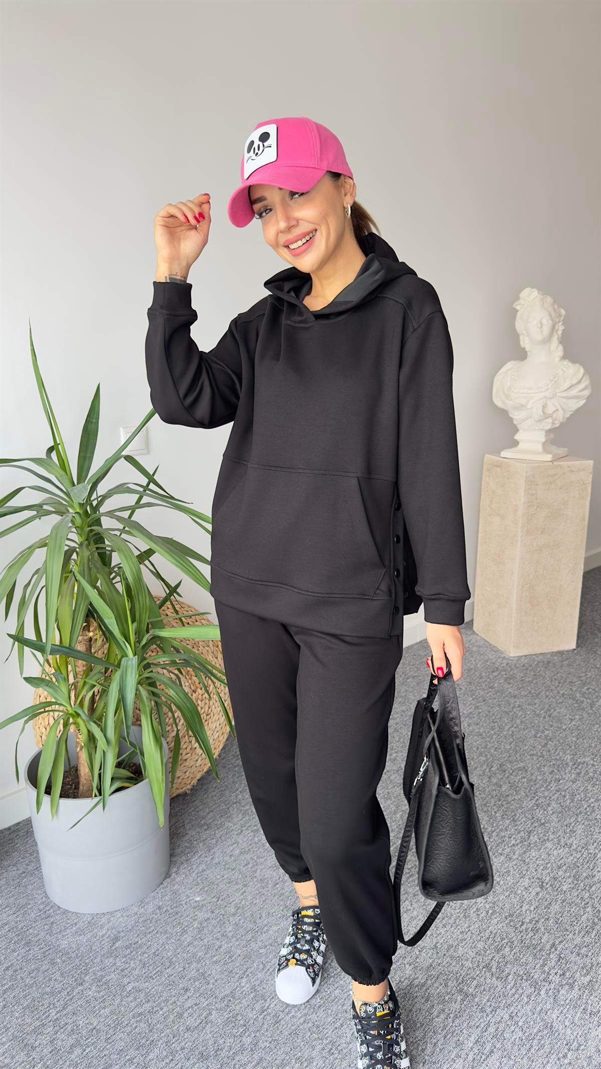 Yanları Düğmeli Oys Siyah Modal Sweat