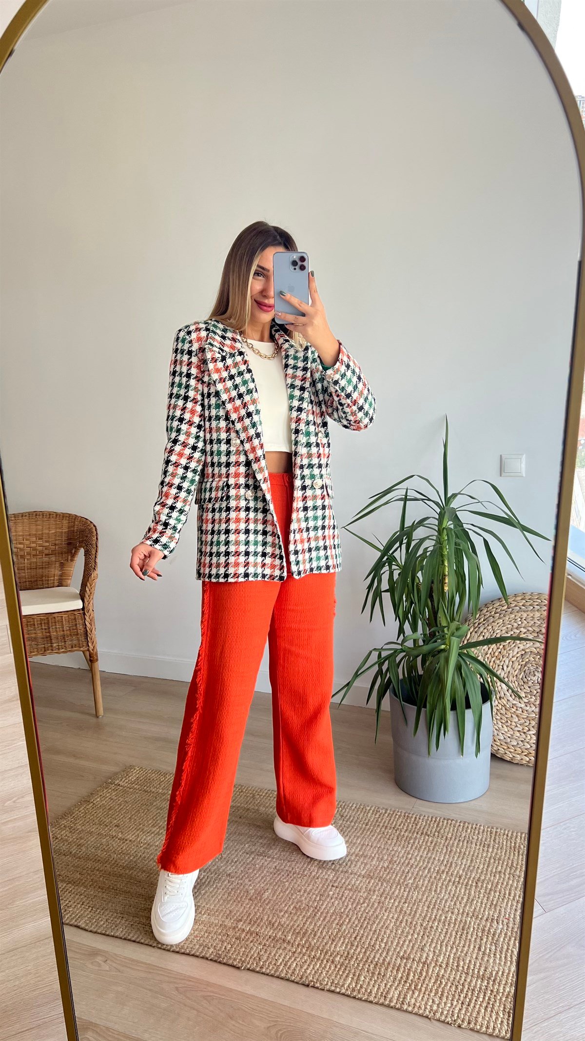 Turuncu Ekose Blazer Ceket