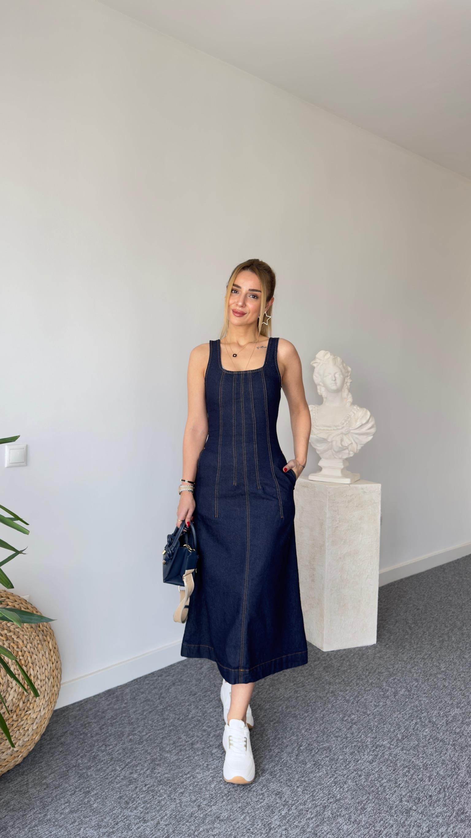 Siento Askılı Lacivert Denim Elbise