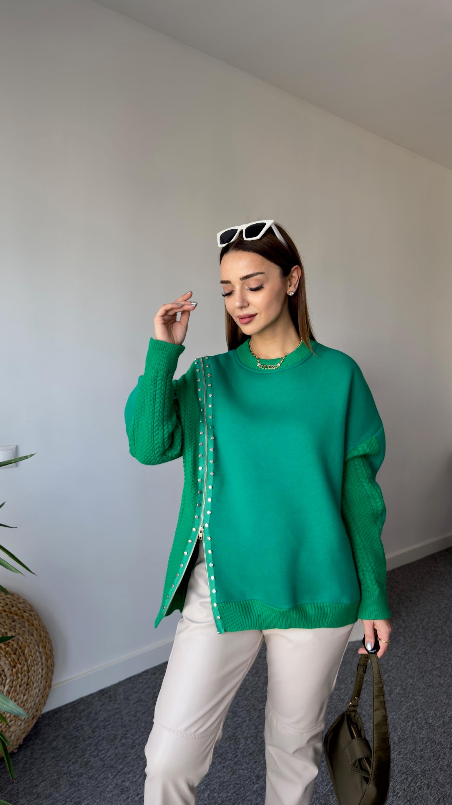 Fermuarlı Taş Detay Orj Model Yeşil Tasarım Sweat