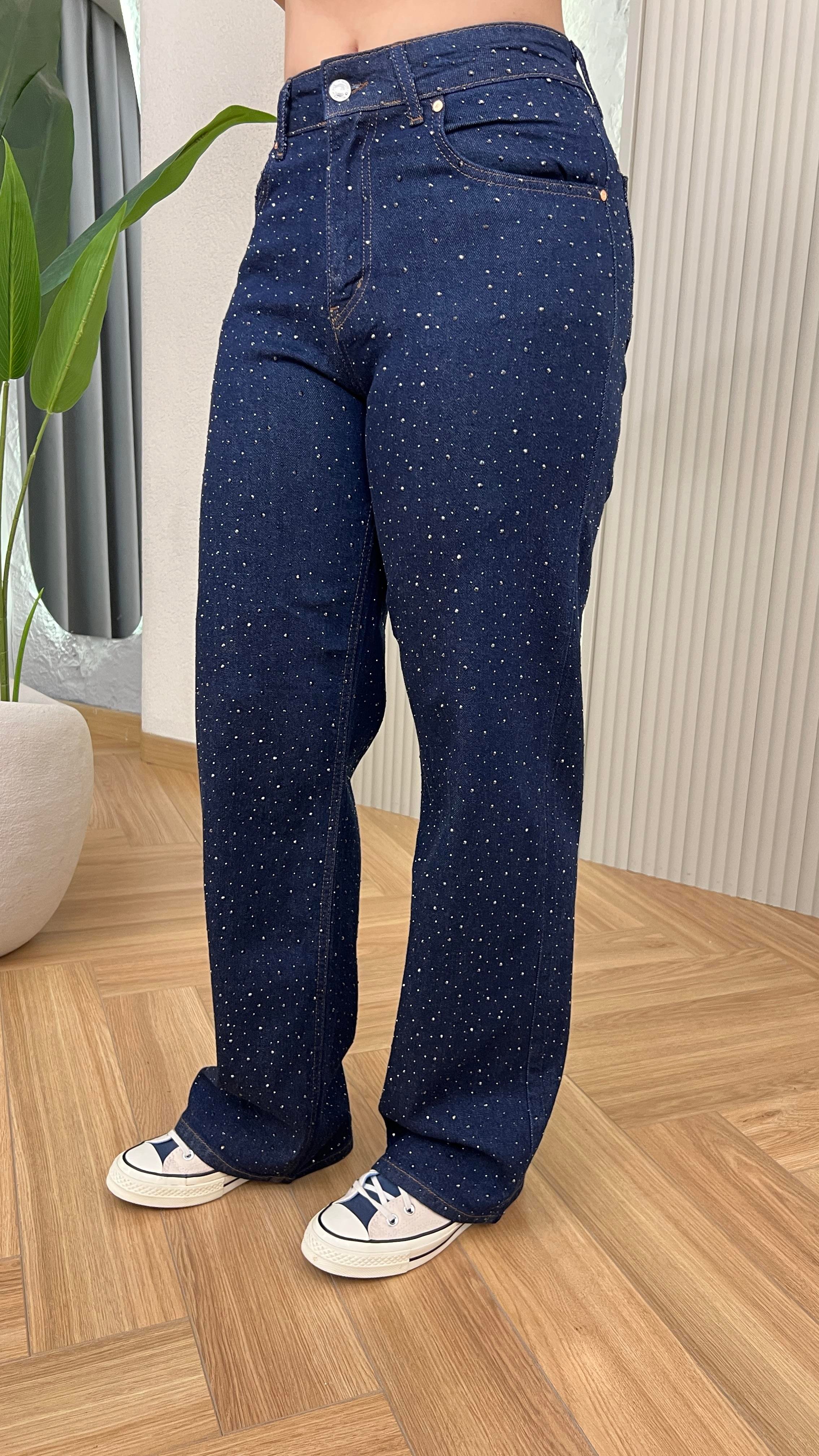 Lacivert Taş Detaylı Straight Likralı Jean