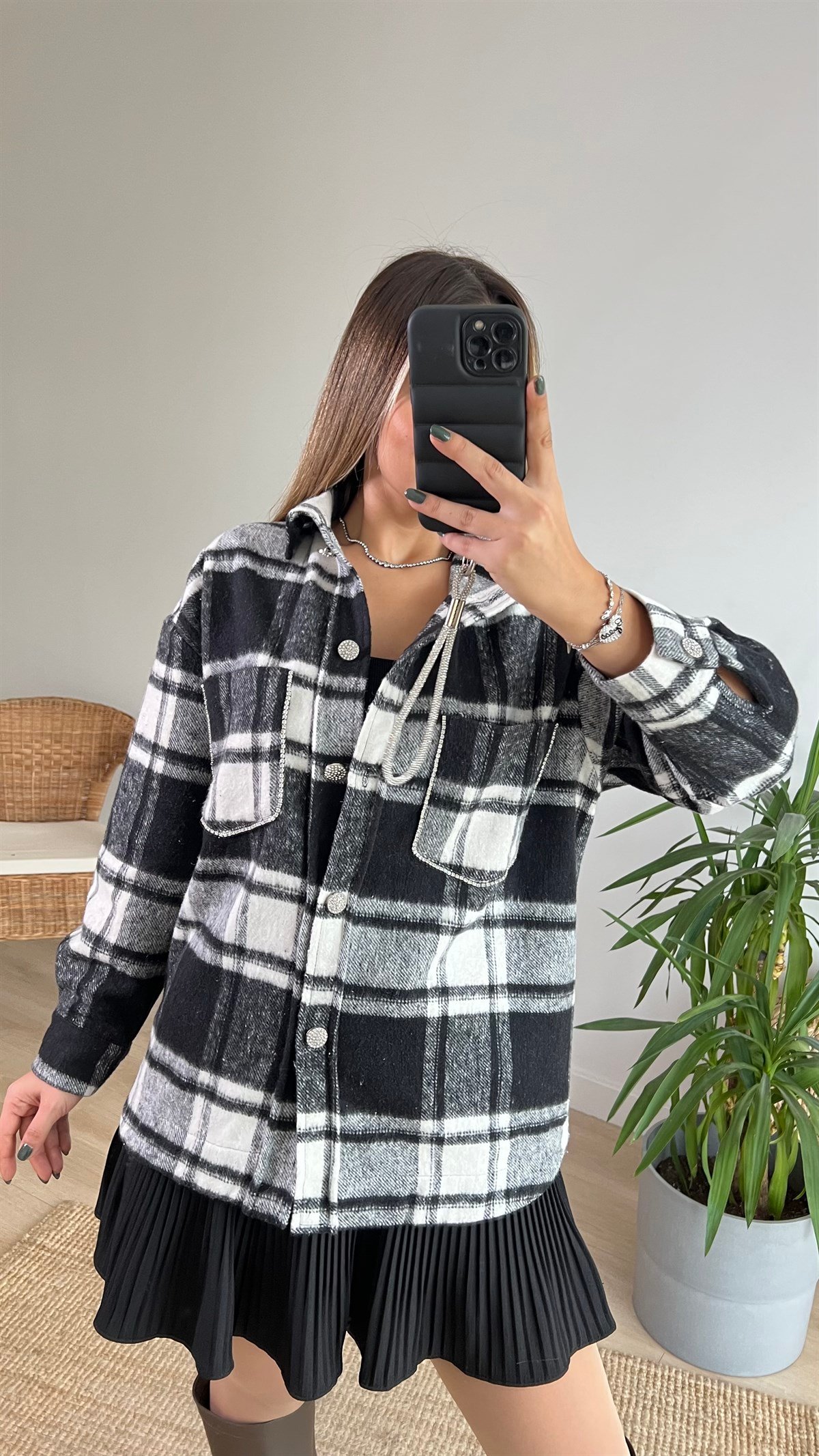 Zara Model Taş Detaylı Ekose Ceket