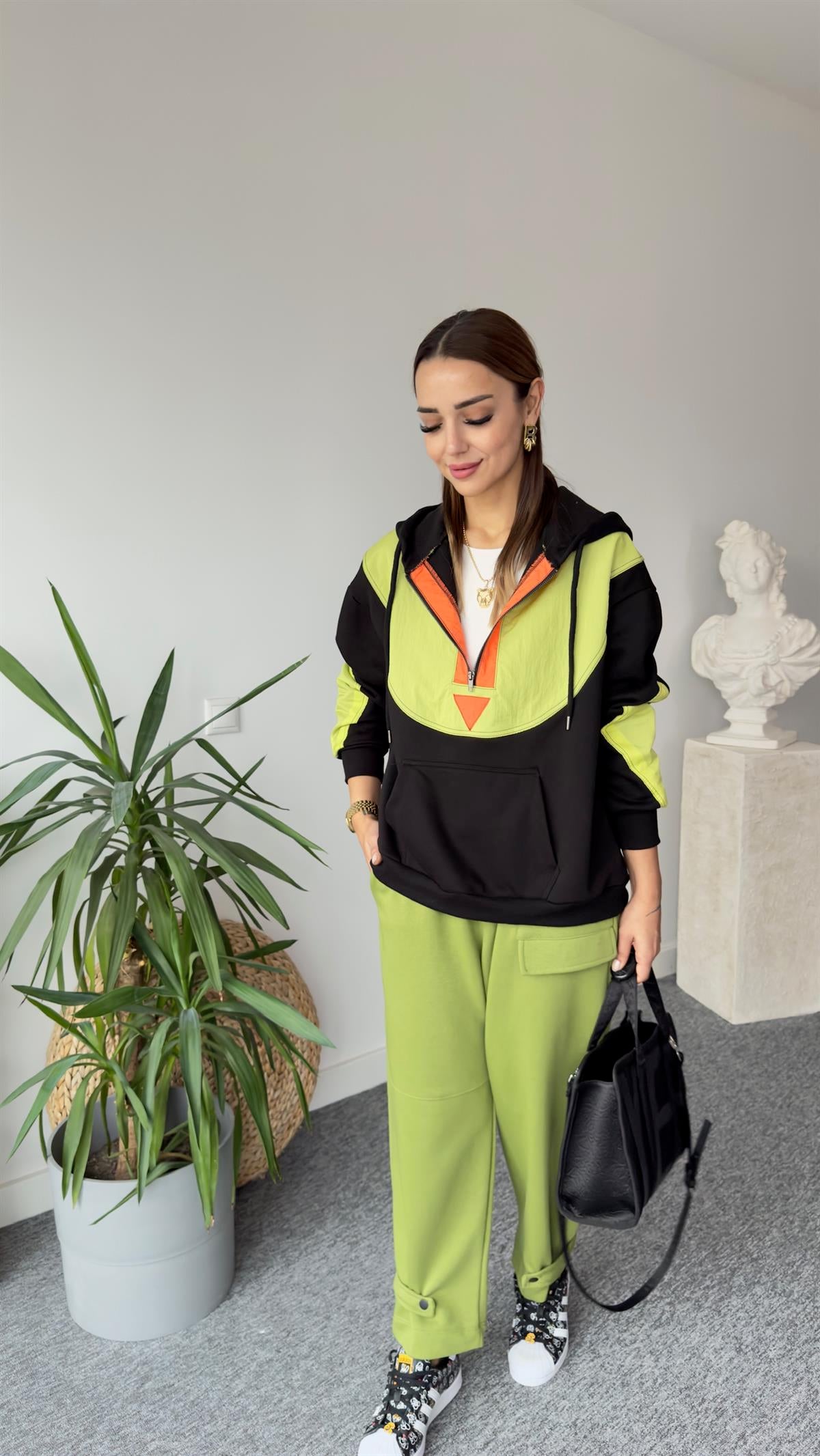 Flat Yarım Fermuar Yeşil Detay Sweat