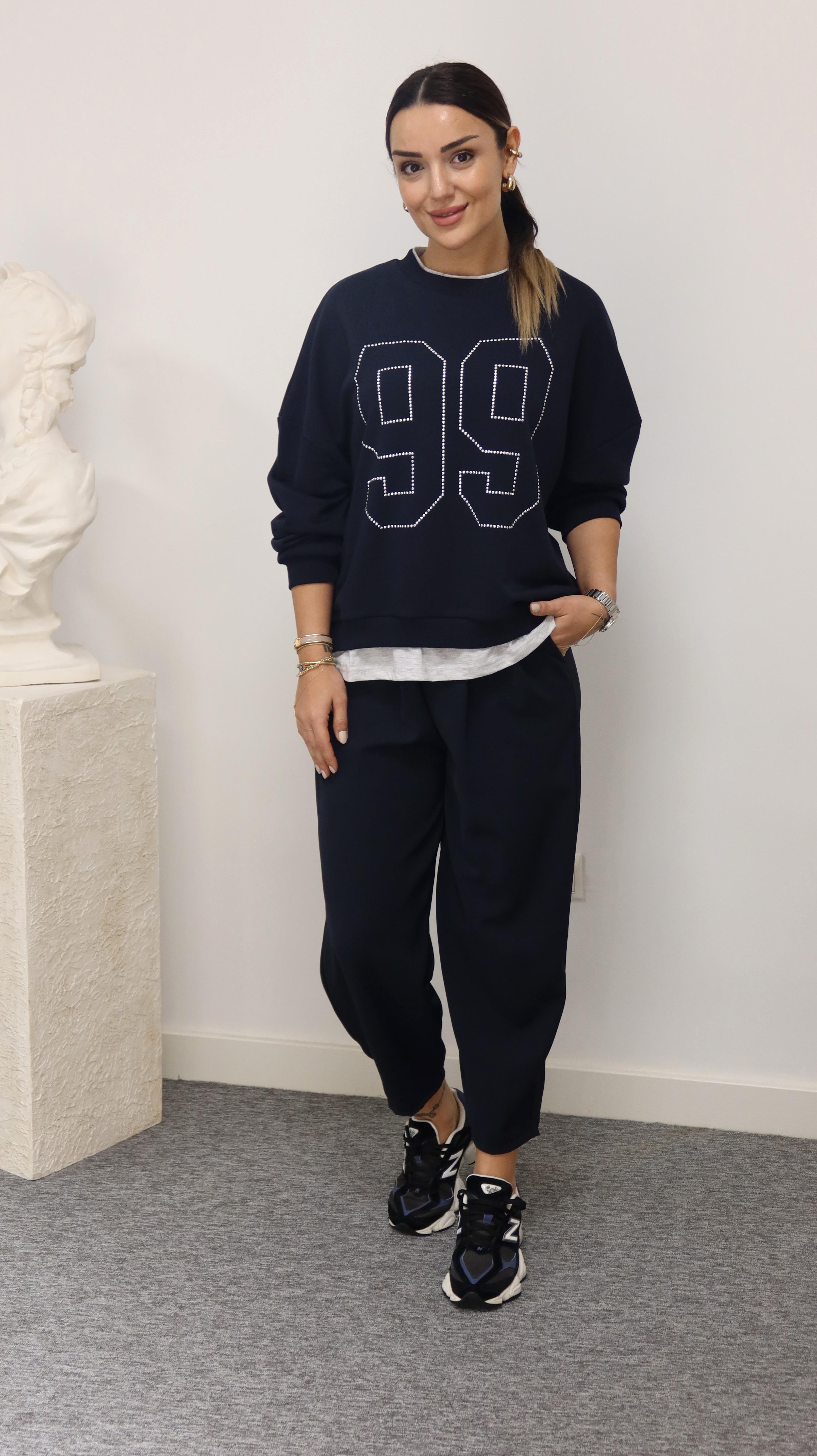 99 Yazılı Tshirt Detaylı Lacivert Sweatshirt