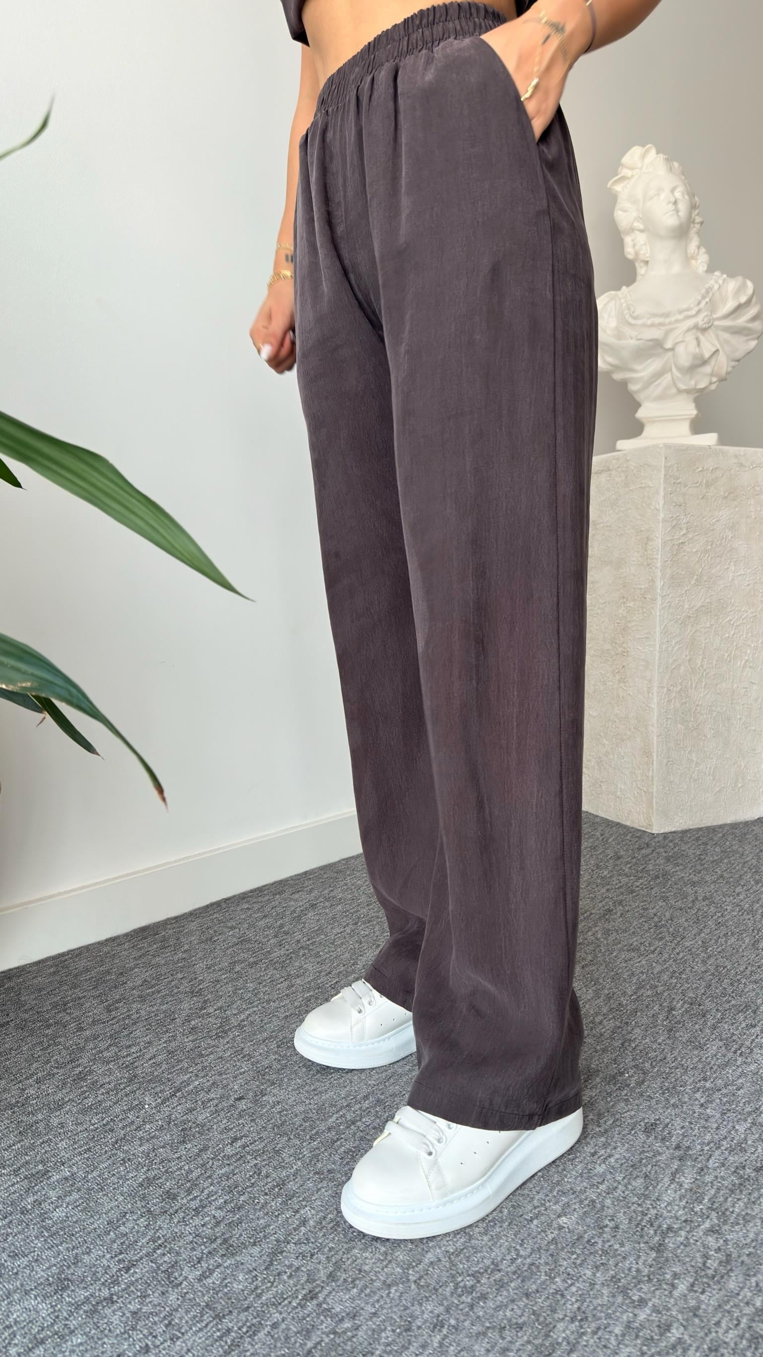 Kahve Elyor Tensel Bluz Pantolon Takım