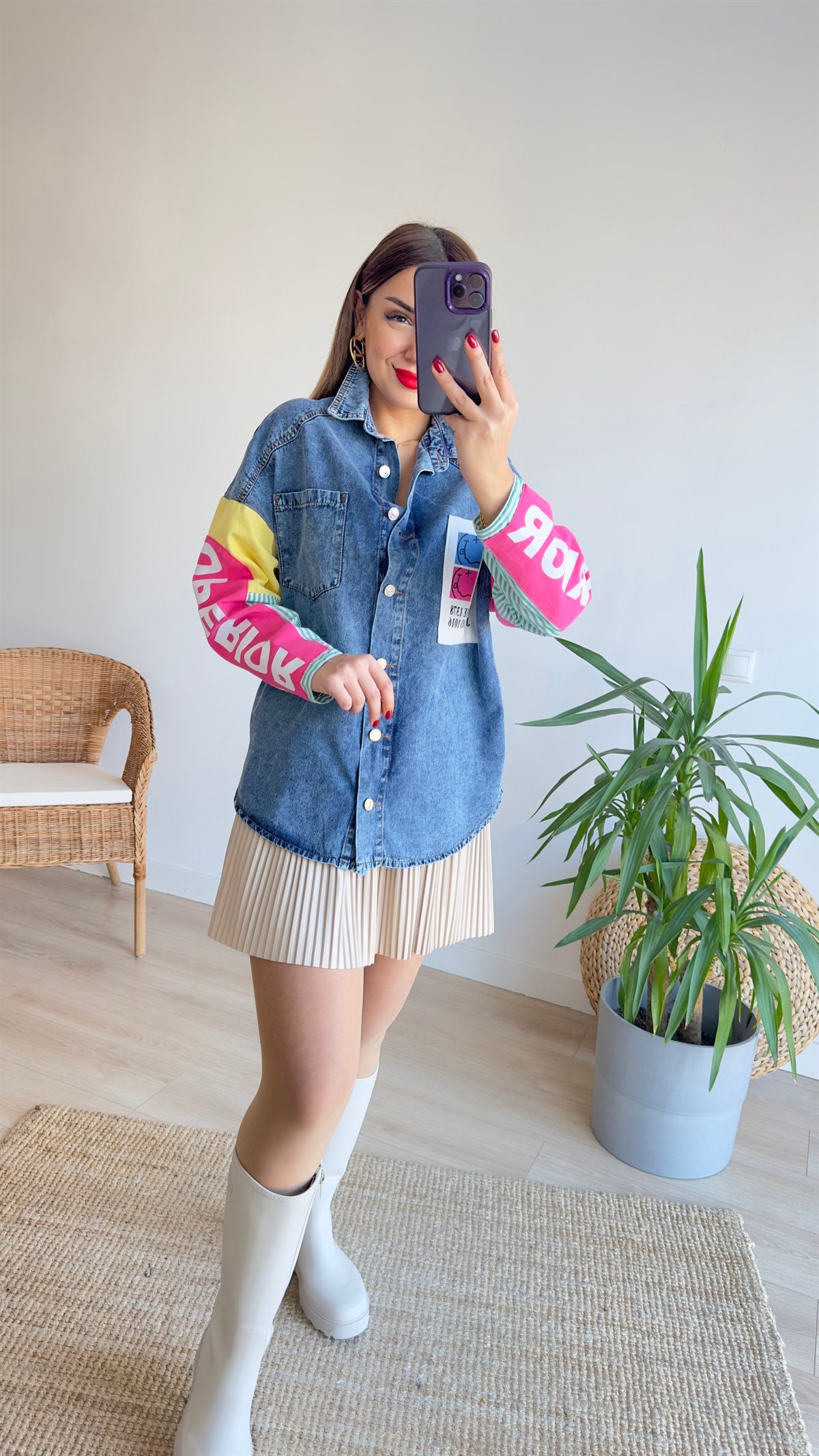 Yazı Ve Poplin Detaylı Kot Gömlek