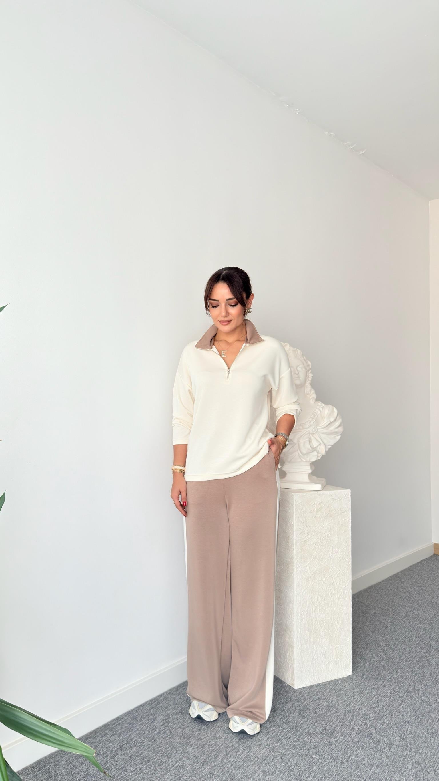 Nisel Fermuarlı Renk Geçişli Ekru Modal Takım
