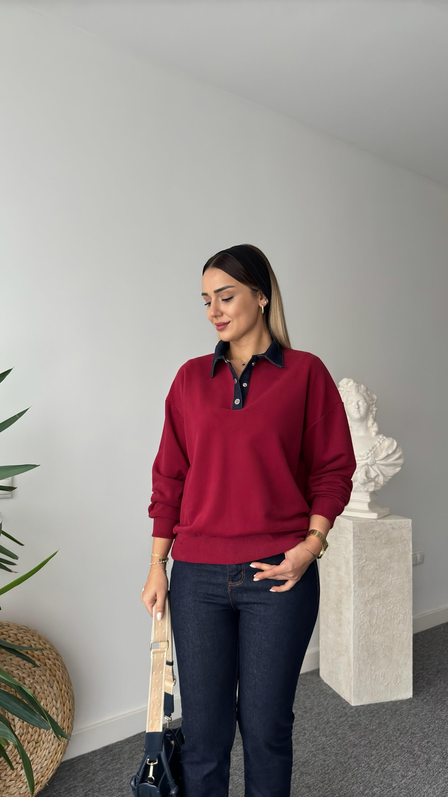 Denim Yaka Bordo Sweatshirt