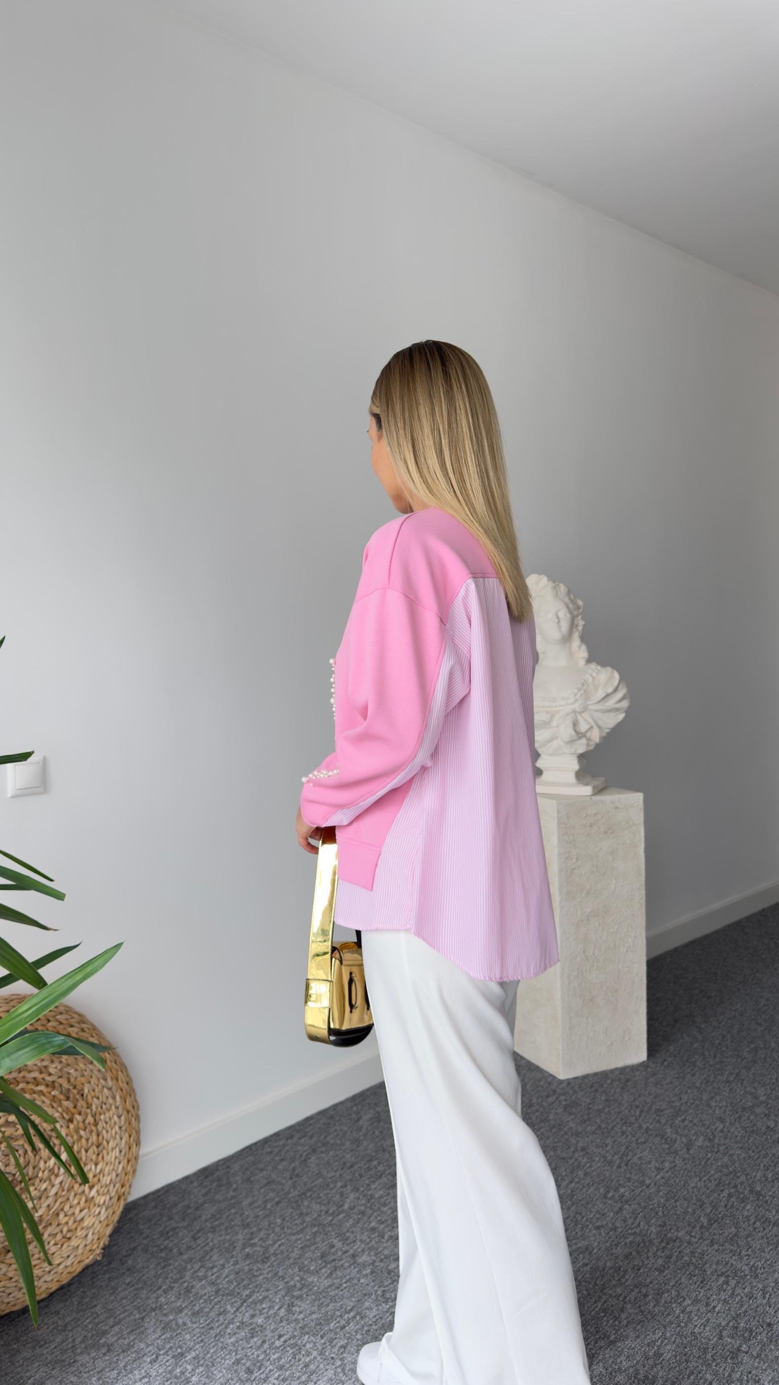 İnci Detaylı Gömlek Garni Pembe Modal Sweat