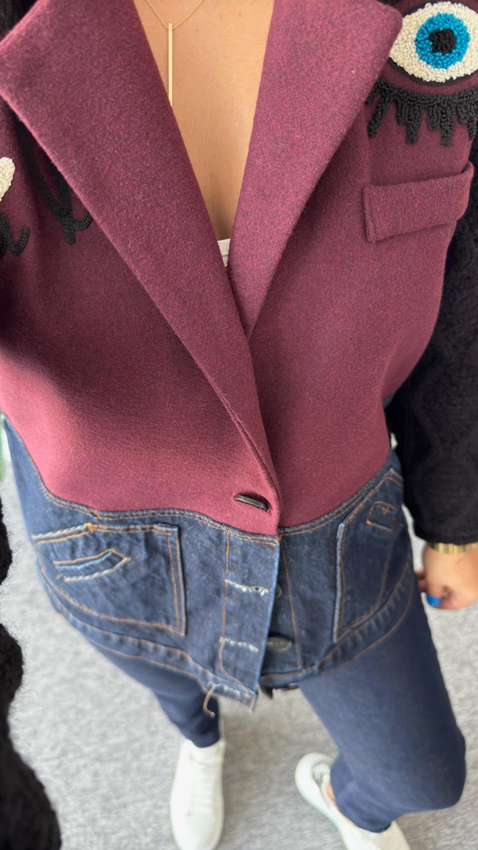 İthal Kollar Triko Detaylı İşlemeli Bordo Blazer Ceket