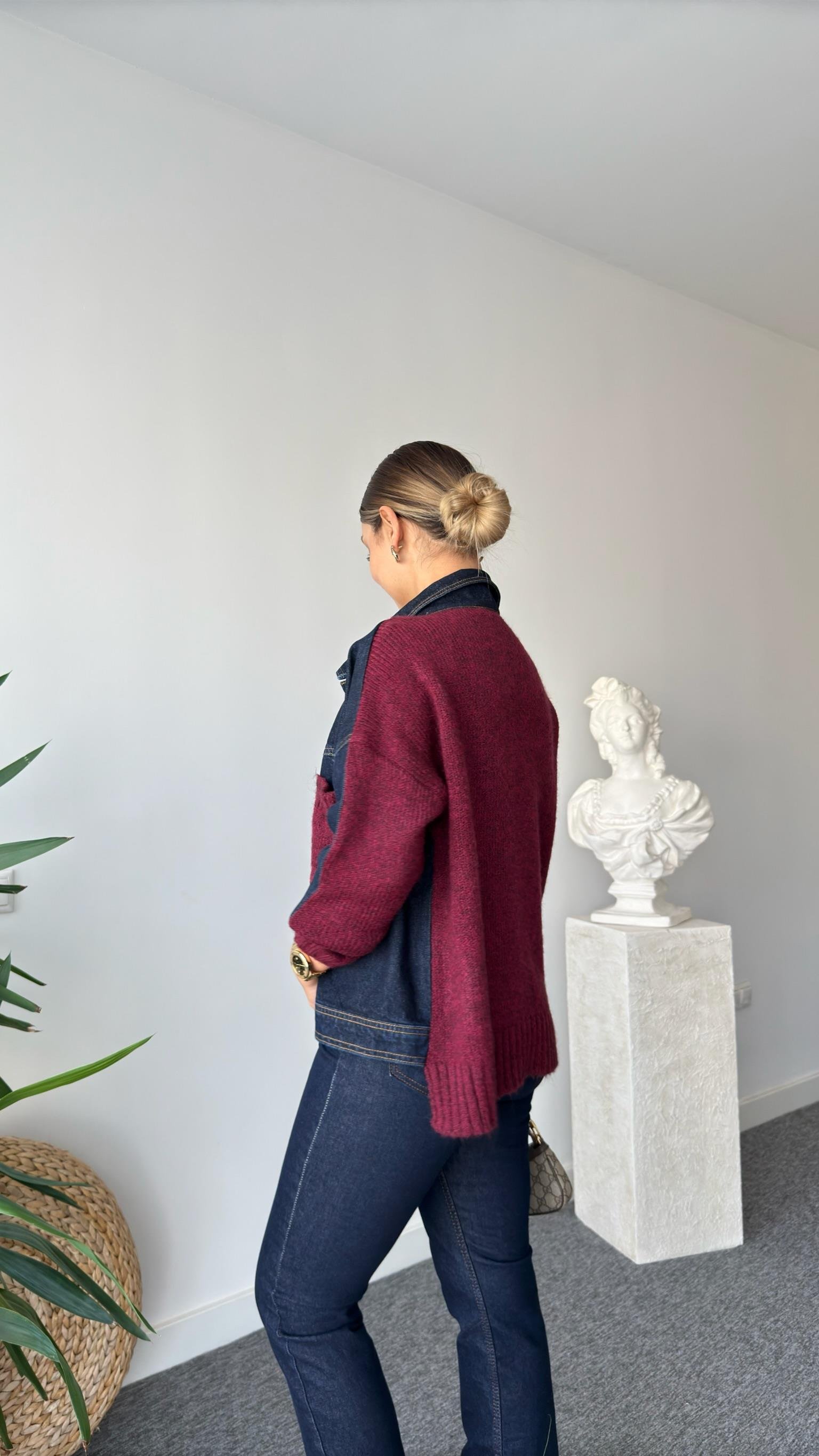 Sofya Sırt Ve Cepler Bordo Triko Detaylı Jean Ceket