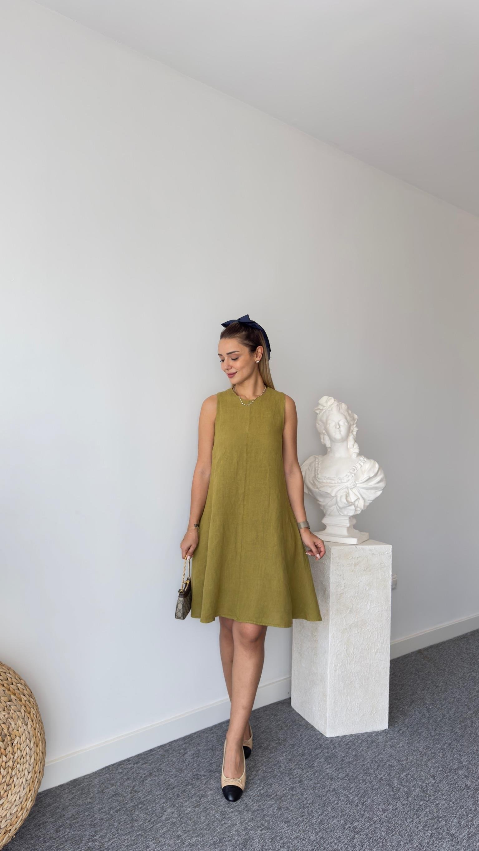 Kolsuz Keten Yeşil Elbise 