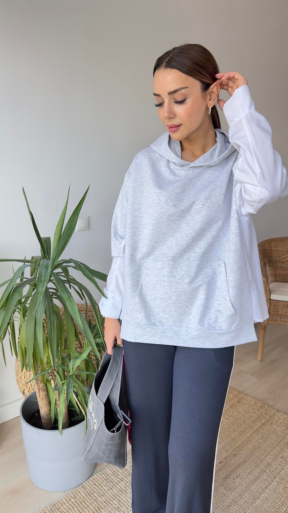 Zra Model Sırtı Poplin Kapüşonlu Gri Sweat