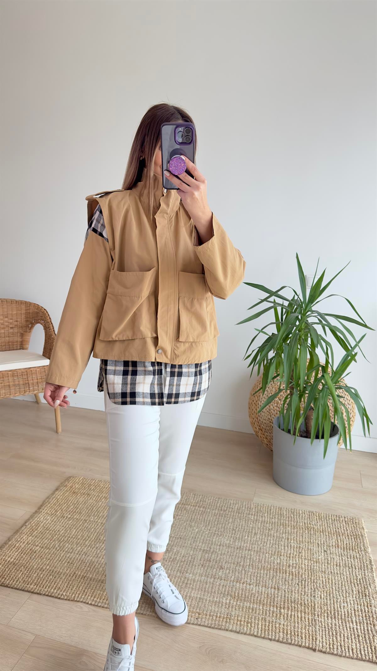 Ekose Detaylı Camel Ceket