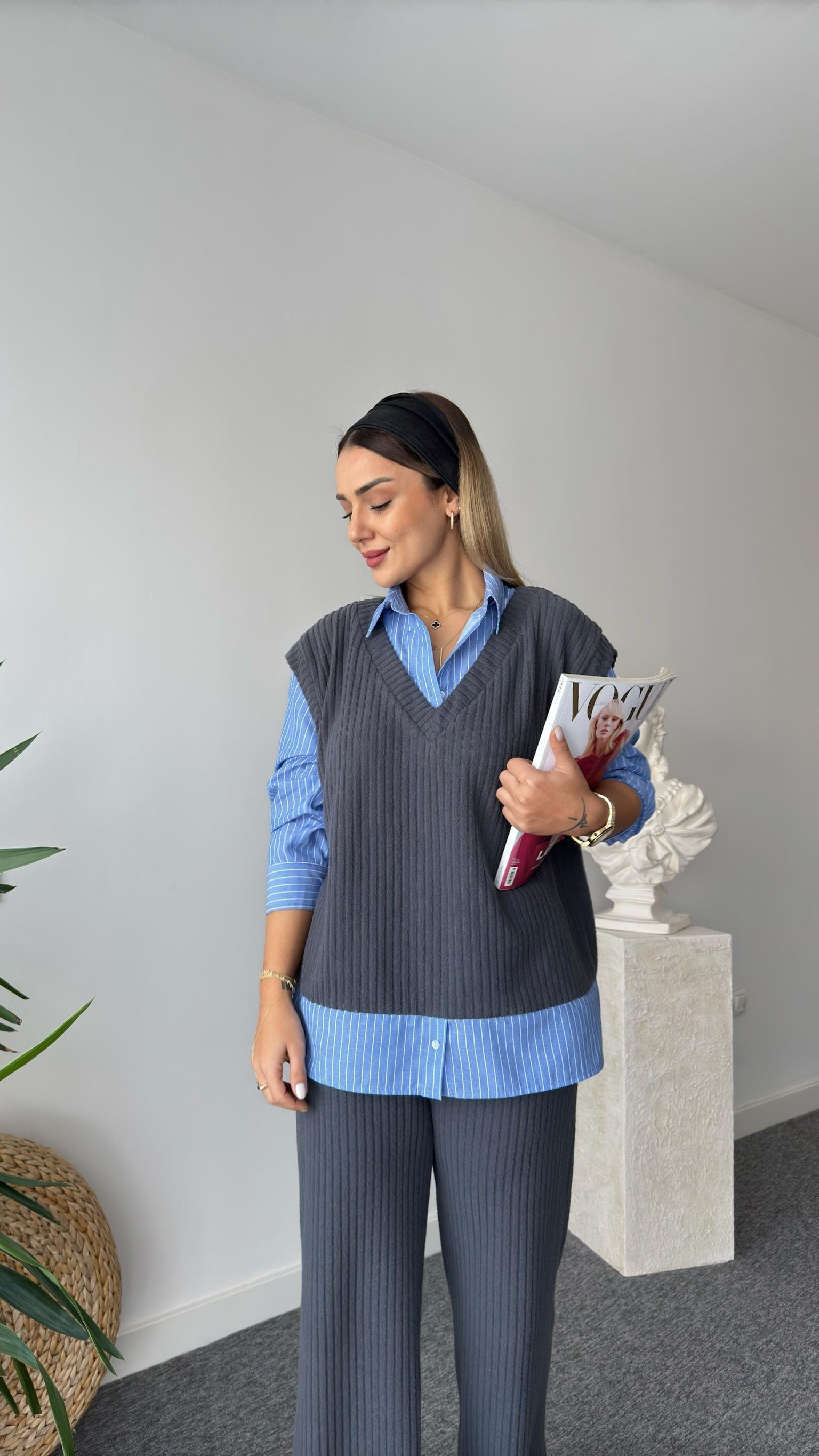 Gömlek Detaylı Örme İkili Takım