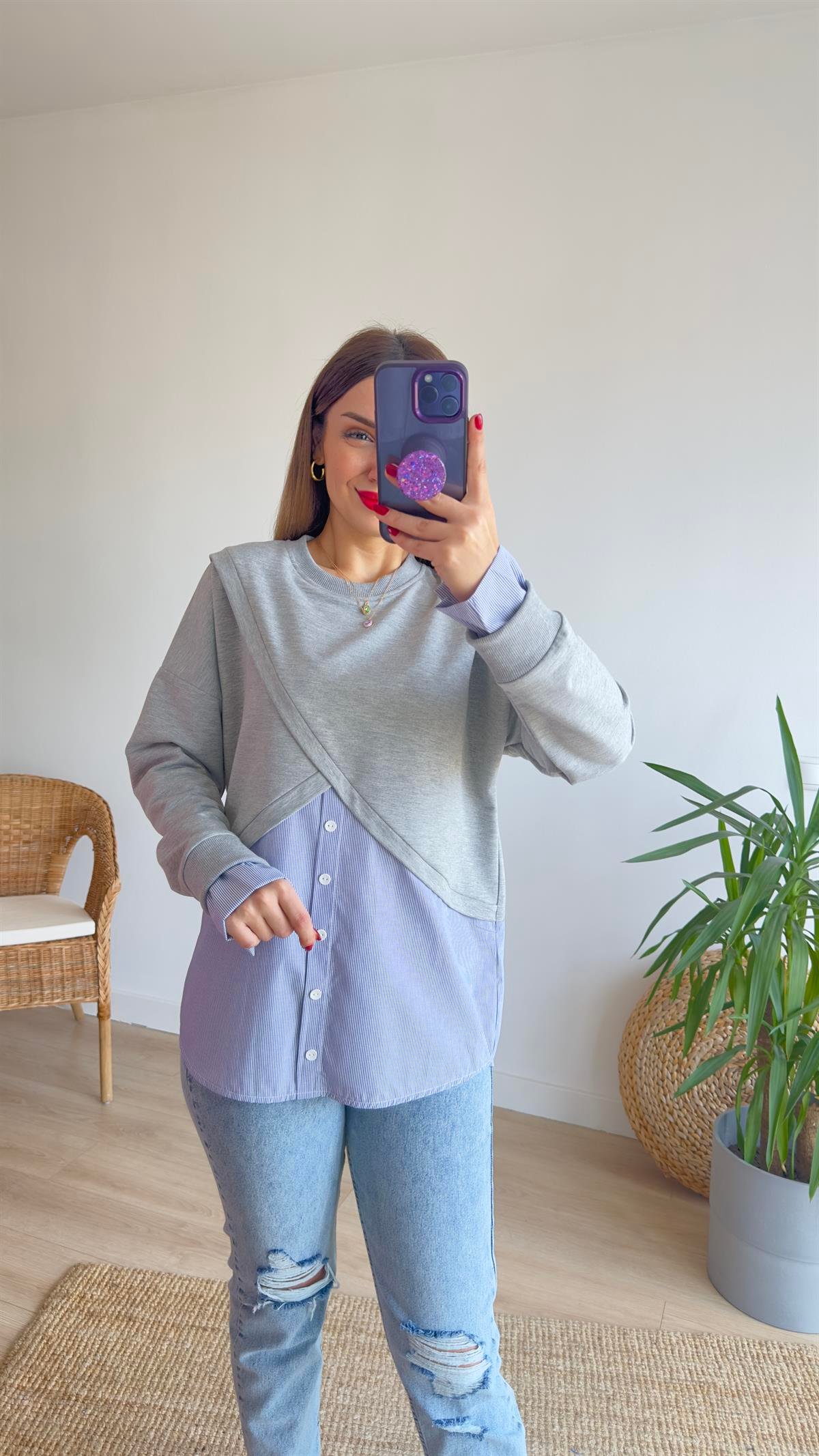Çapraz Poplin Detay Gri Sweat
