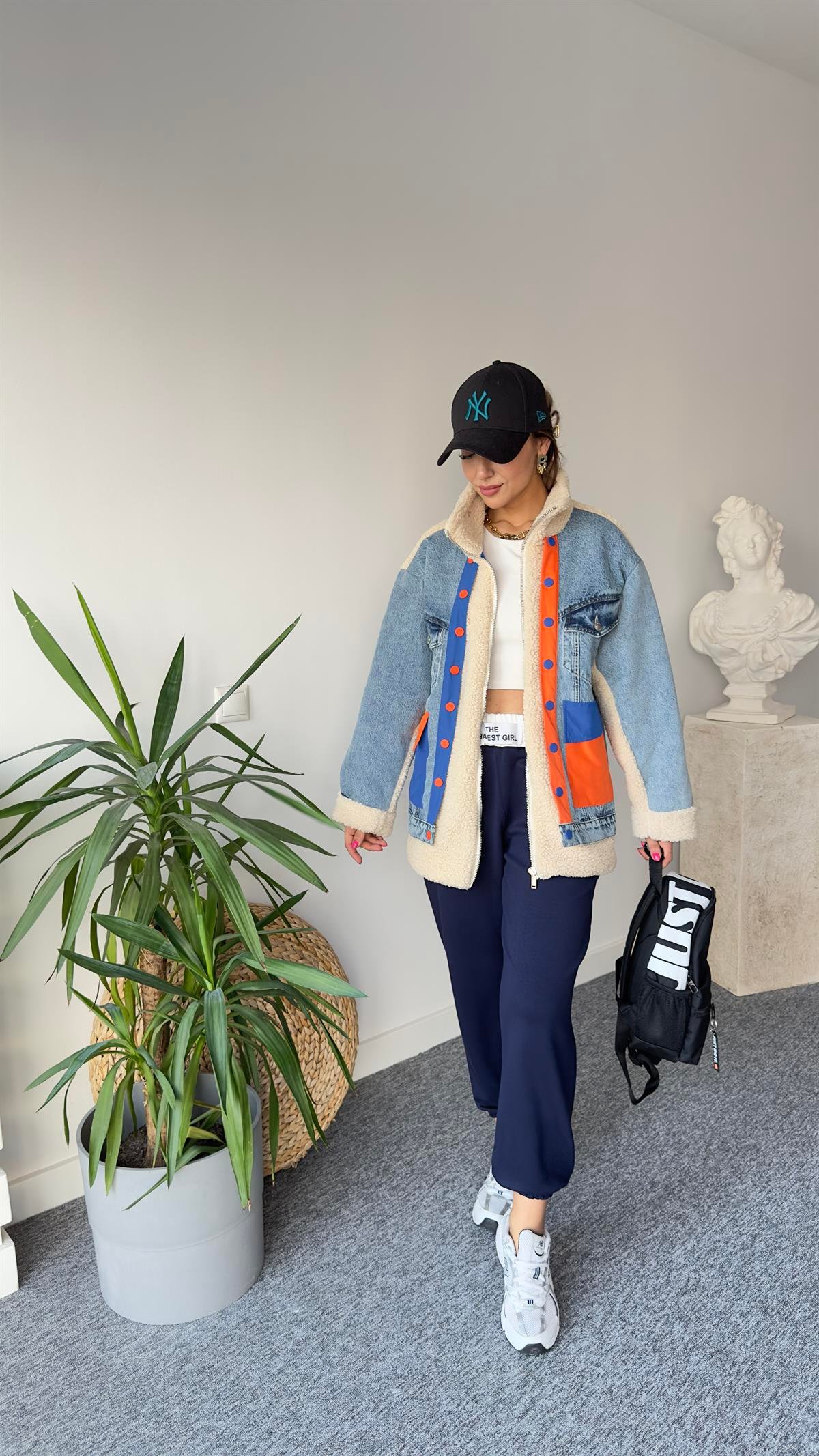 Denim Mix Turuncu Detay Peluş Mont