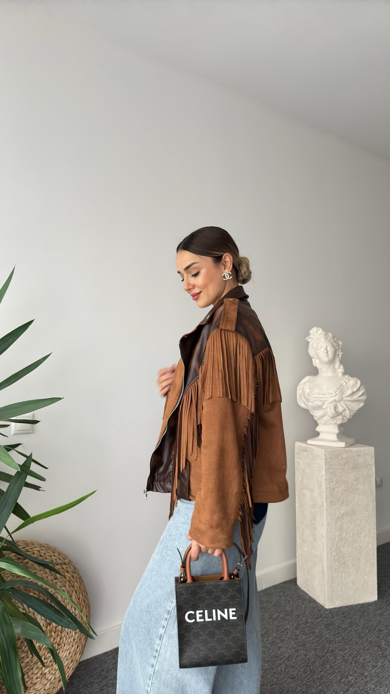 Auri Püsküllü Deri Detaylı Süet Ceket