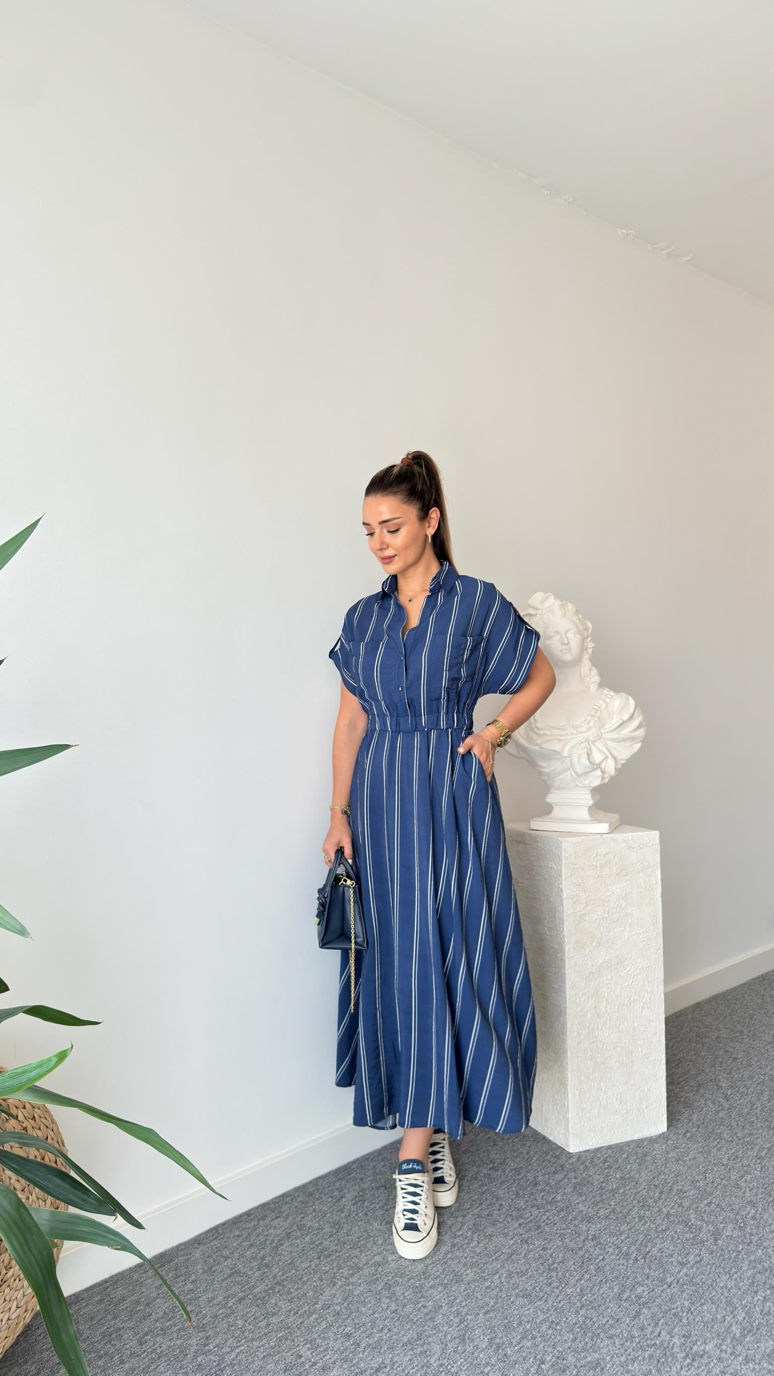 Varela Çizgili Gömlek Yaka Lacivert Elbise