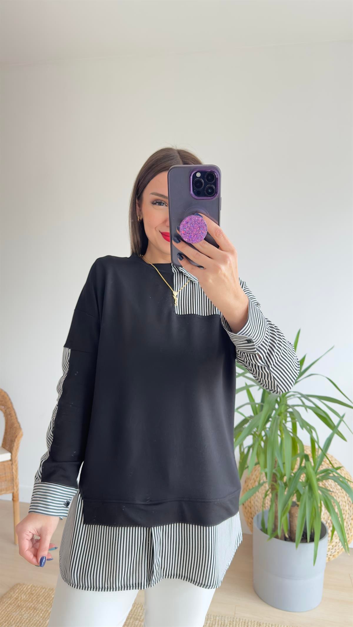 Gömlek Garnili Siyah Sweat