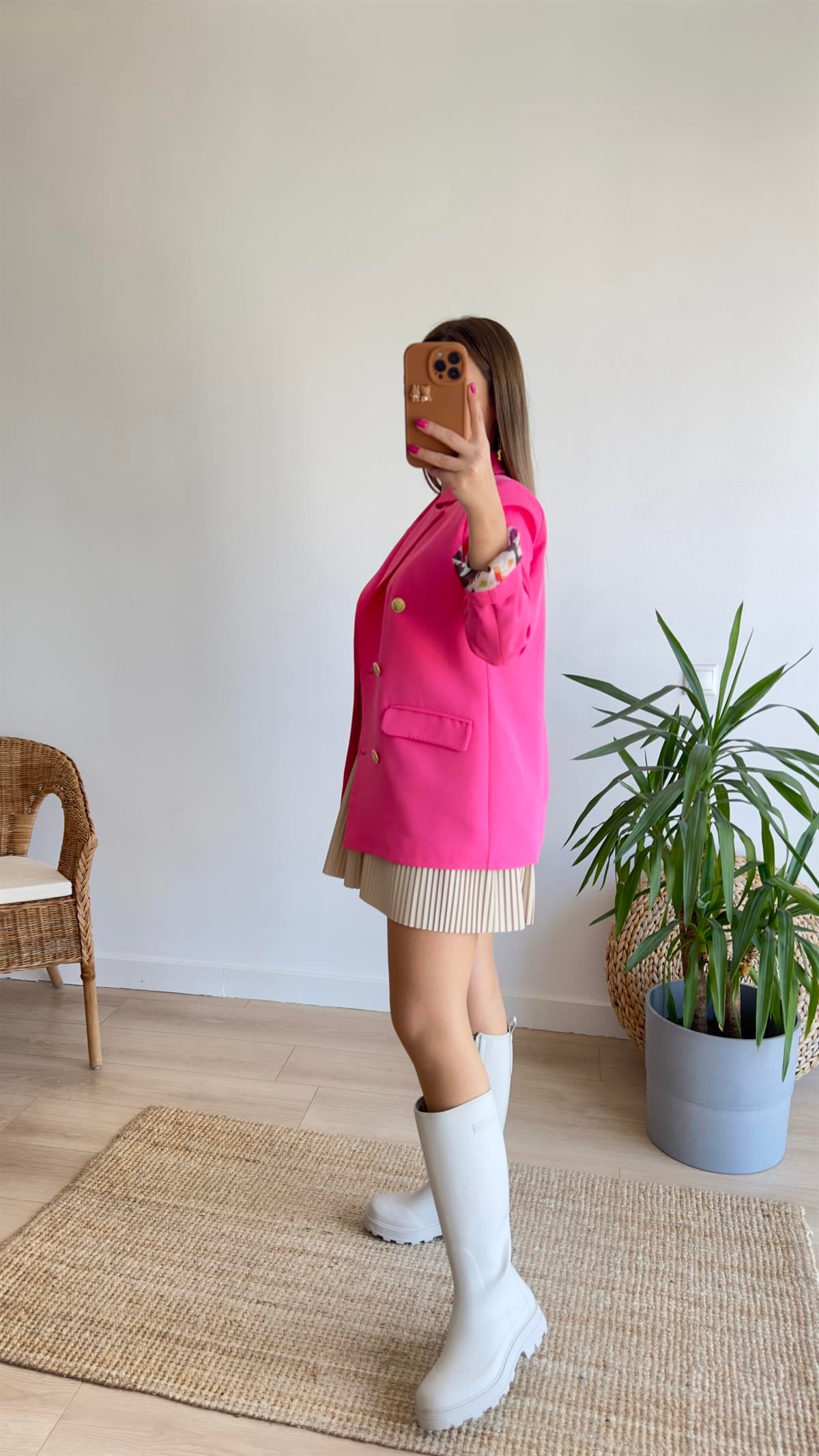 Renkli Astarlı Fuşya Blazer Ceket