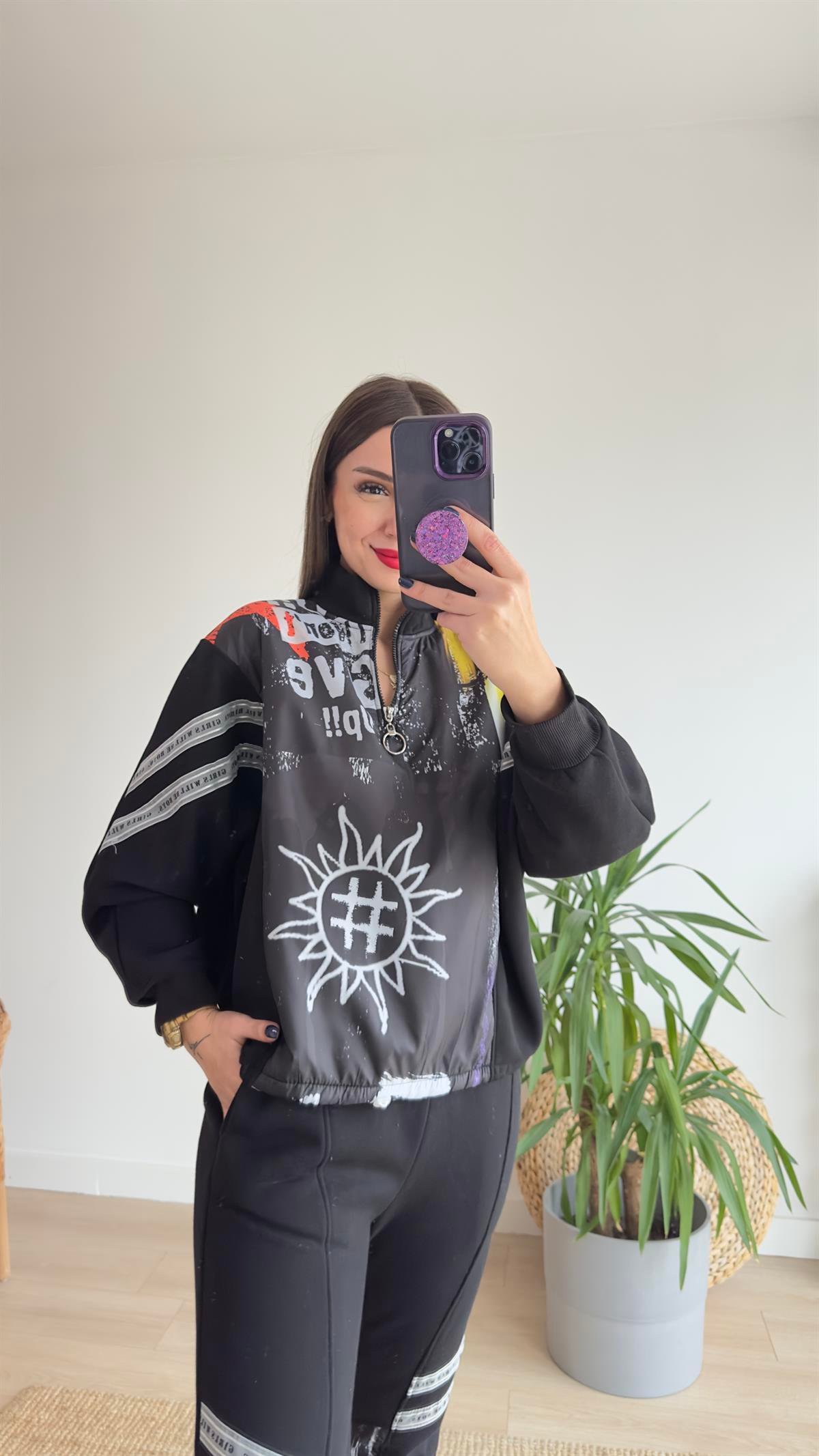 Baskılı Yarım Fermuar Siyah Takım