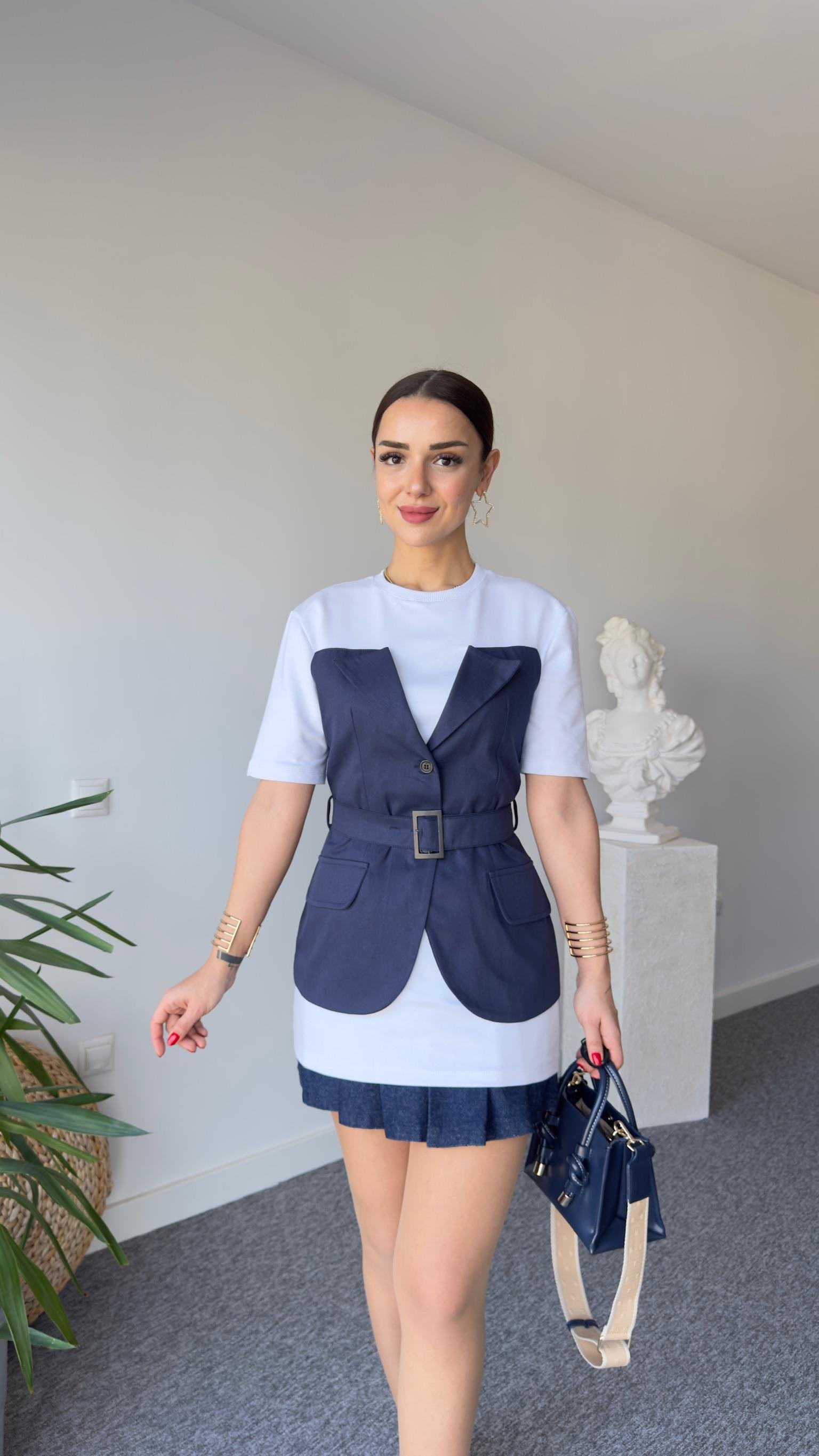 Gabardin Yelek Garnili Tasarım Bluz