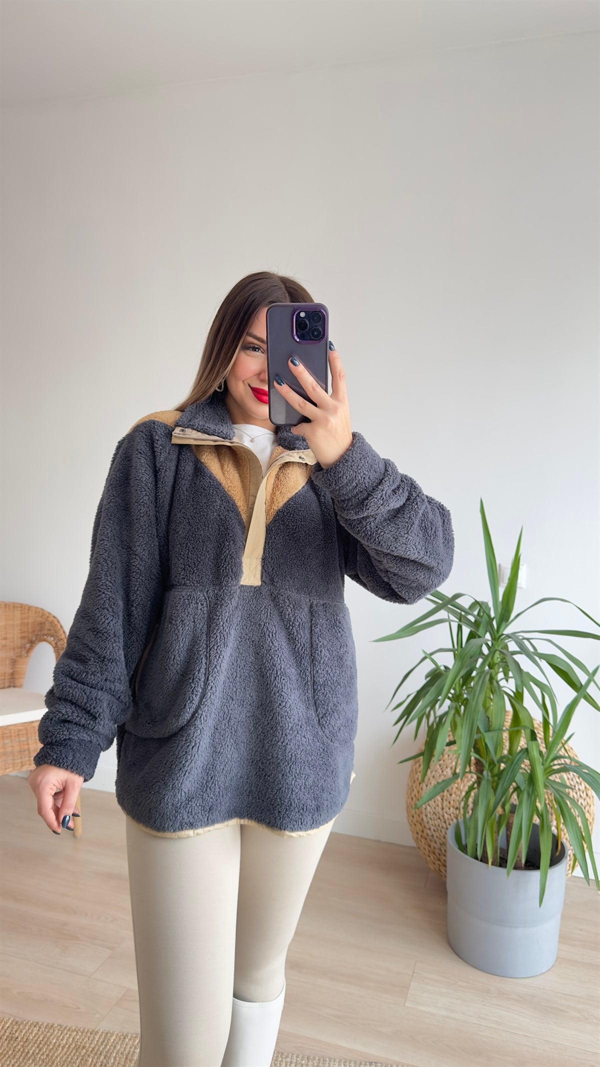 Yarım Fermuar Cepli Antrasit Polar Sweat