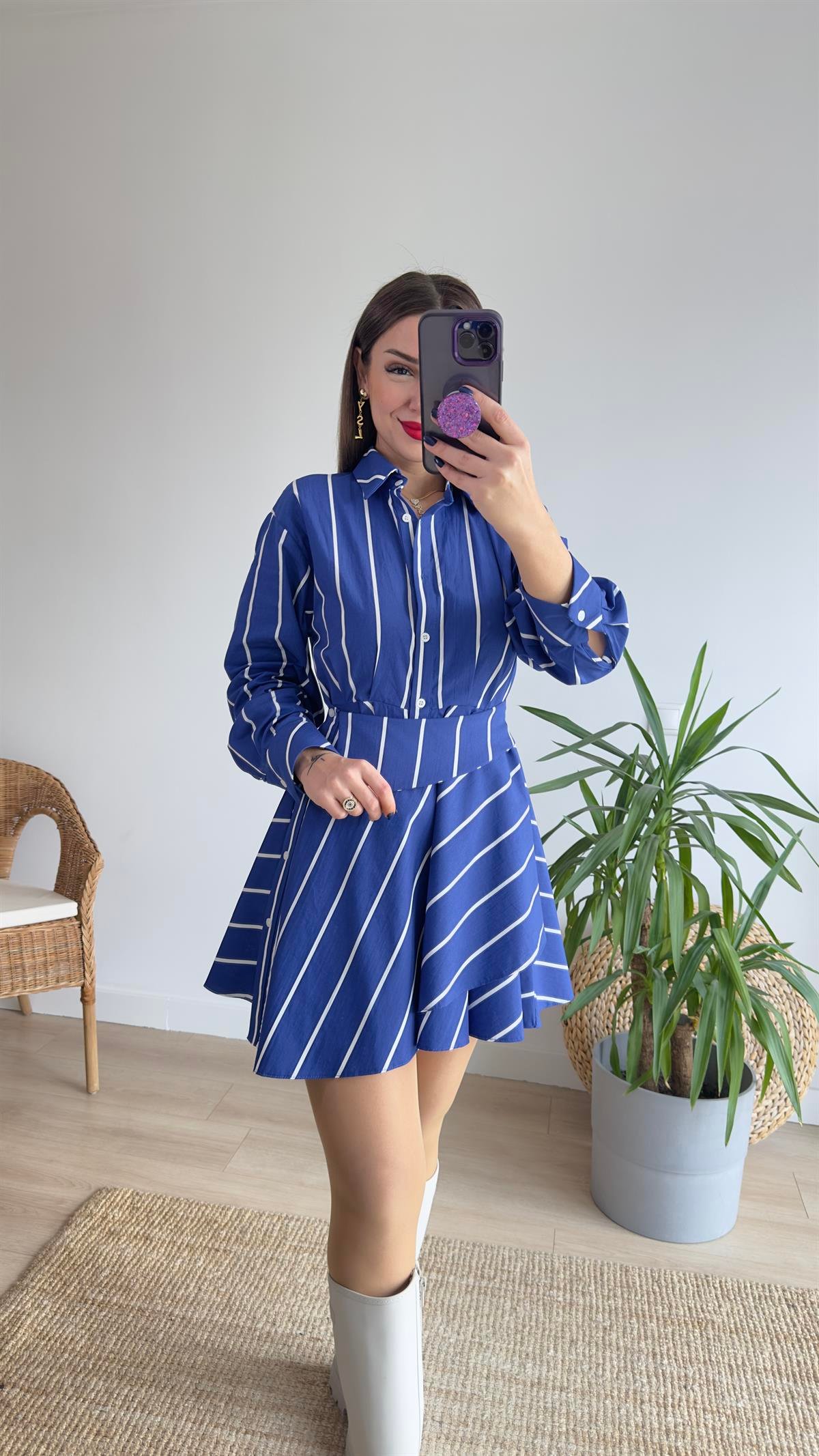 Tasarım Çizgili Poplin Elbise 