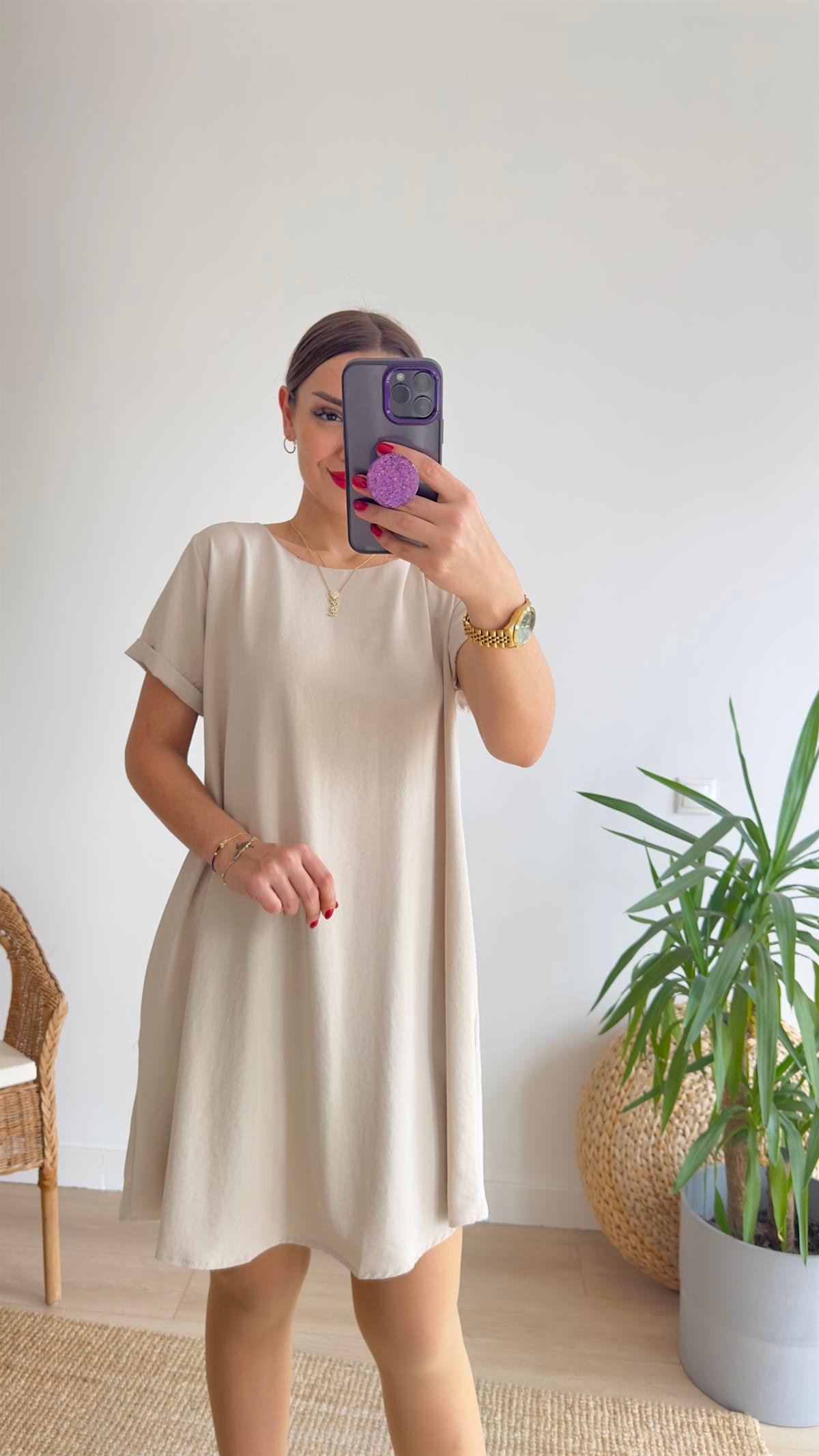 Rina Sırtı Pileli Bej Elbise