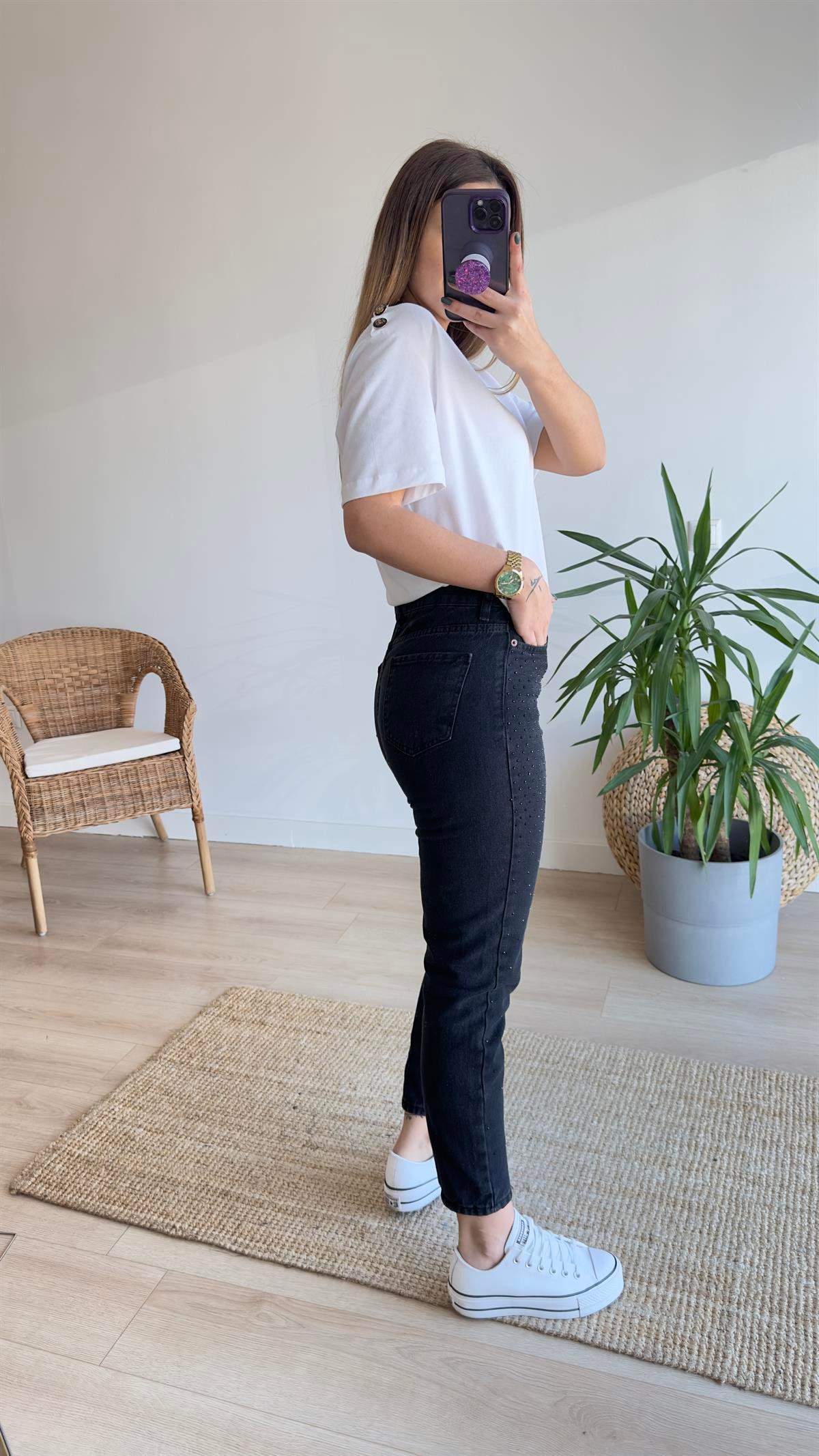 Taş Detaylı Antrasit Jean