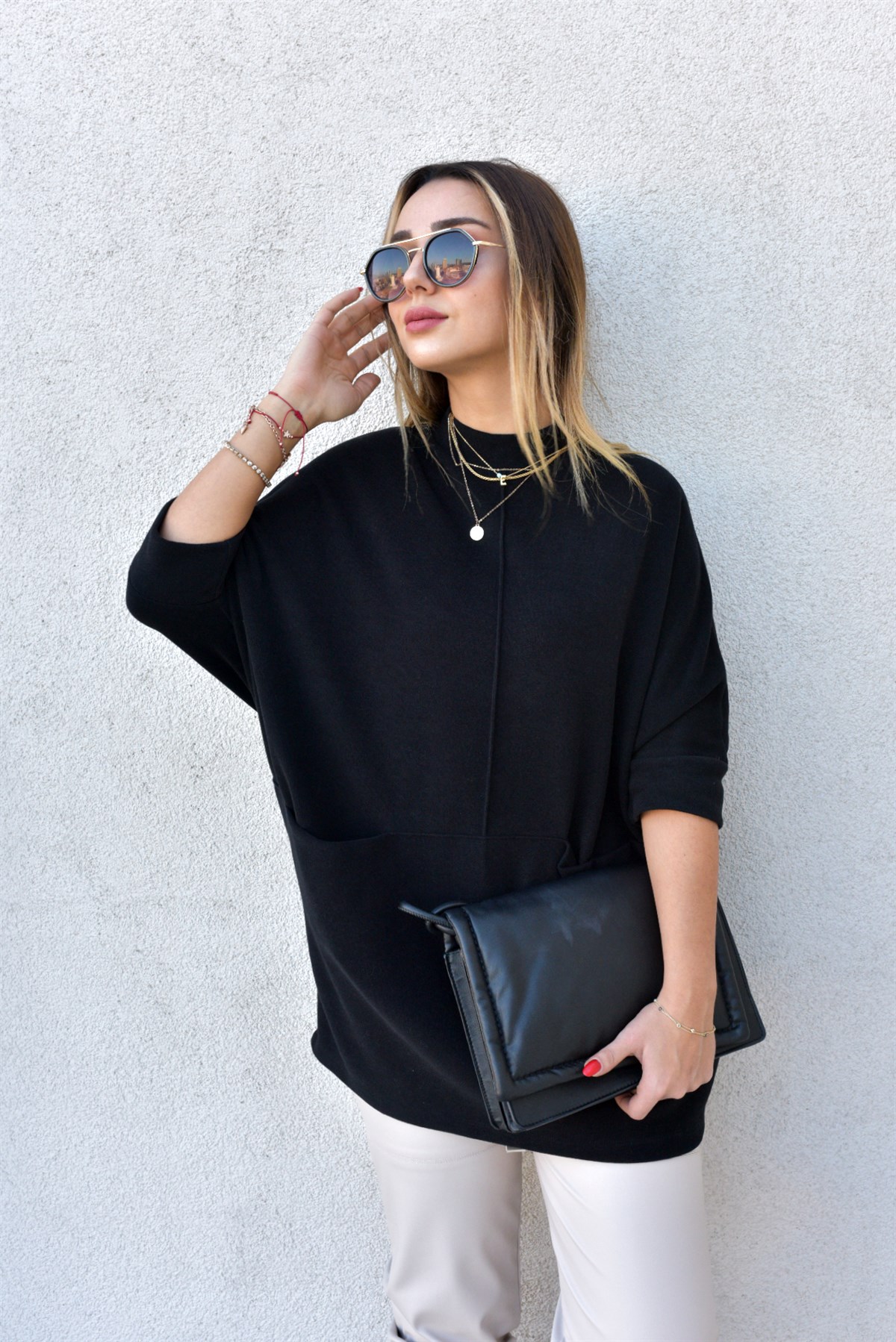 Önden Cepli Oversize Siyah Tunik