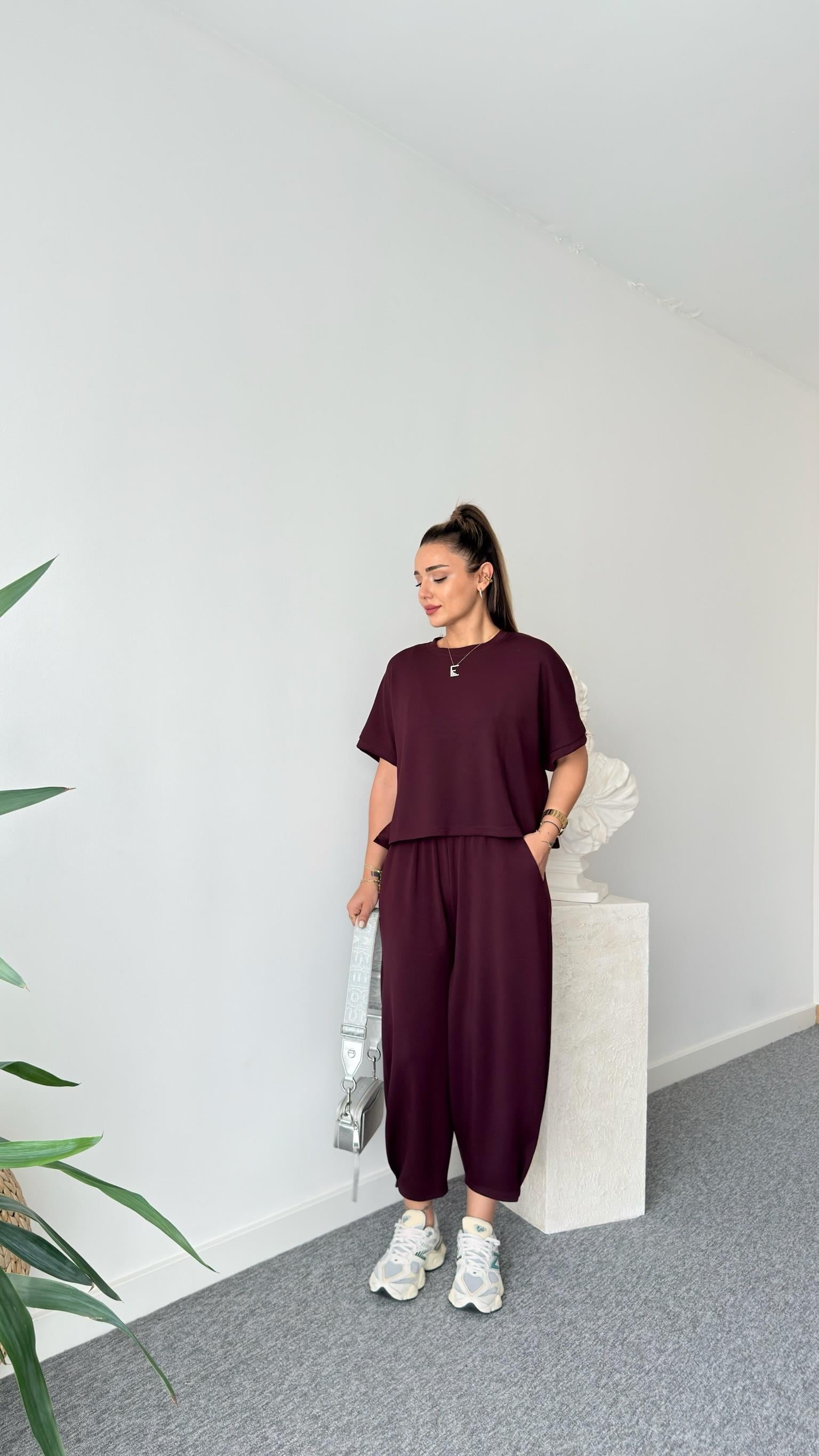 Premium Modal Bordo Şalvar Pantolon Takım