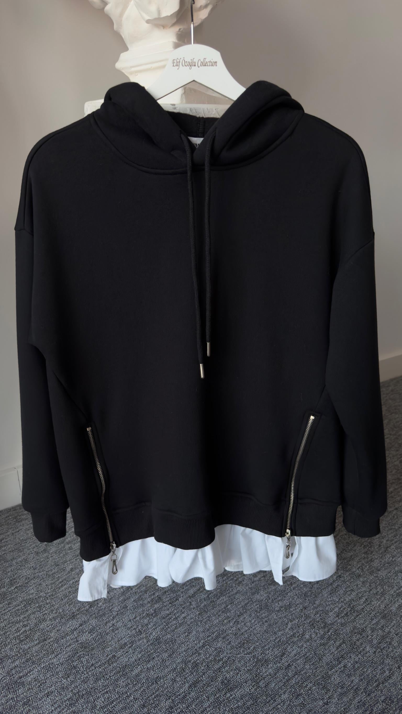Altı Poplin Detay Yanlar Fermuarlı Siyah Sweat