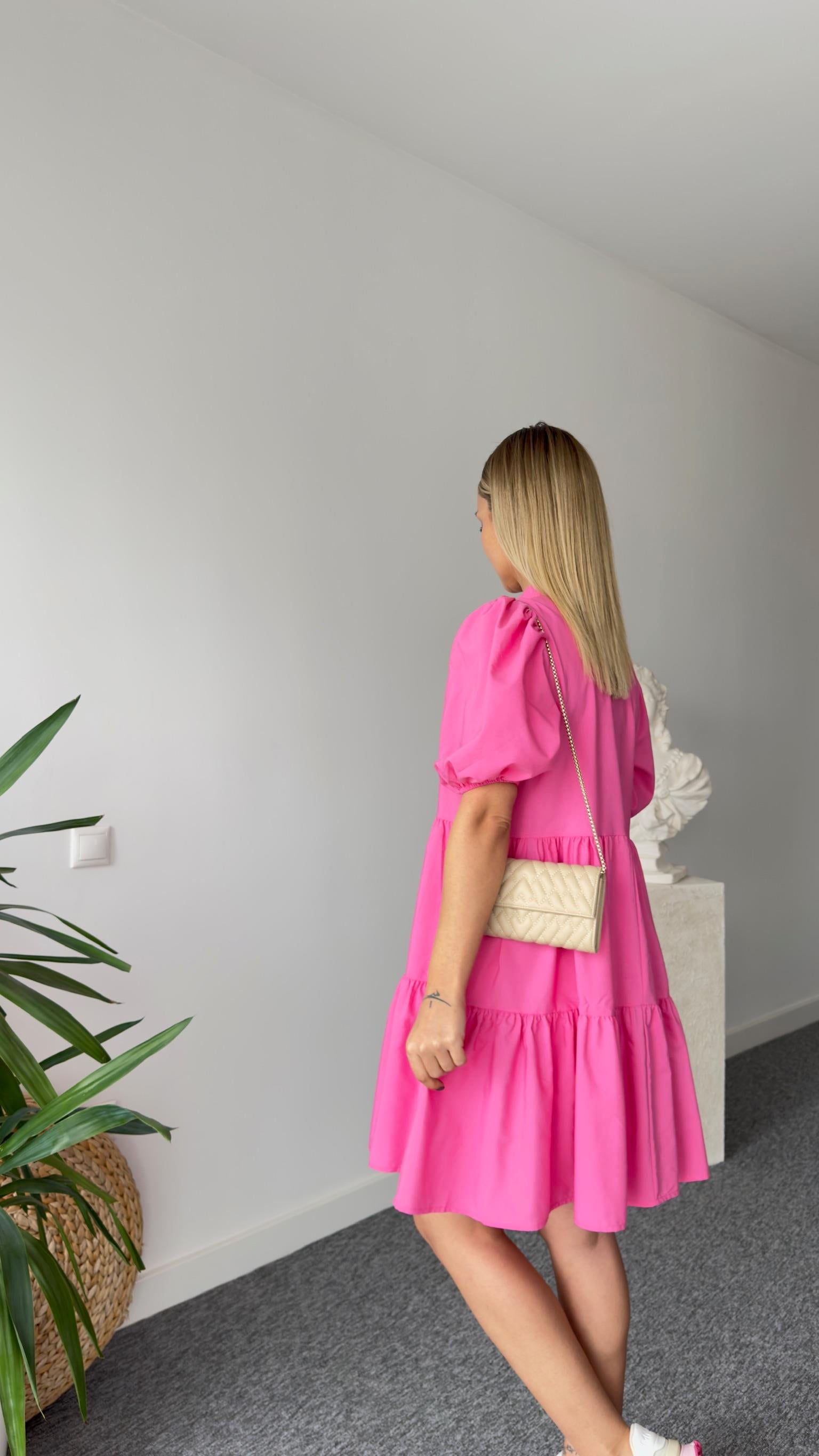 Hakim Yaka Volanlı Pembe Elbise 
