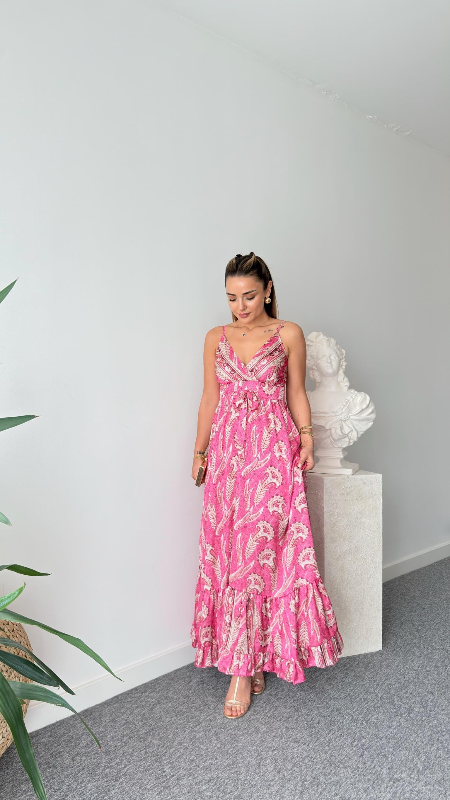 Pembe Etnik Desen Saten Premium Elbise