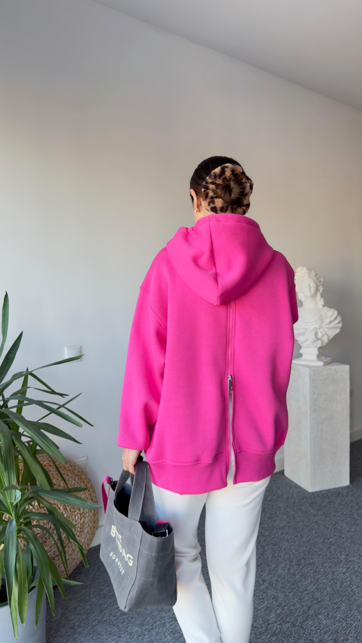 Sırt Fermuarlı Kapüşonlu Pembe Sweatshirt