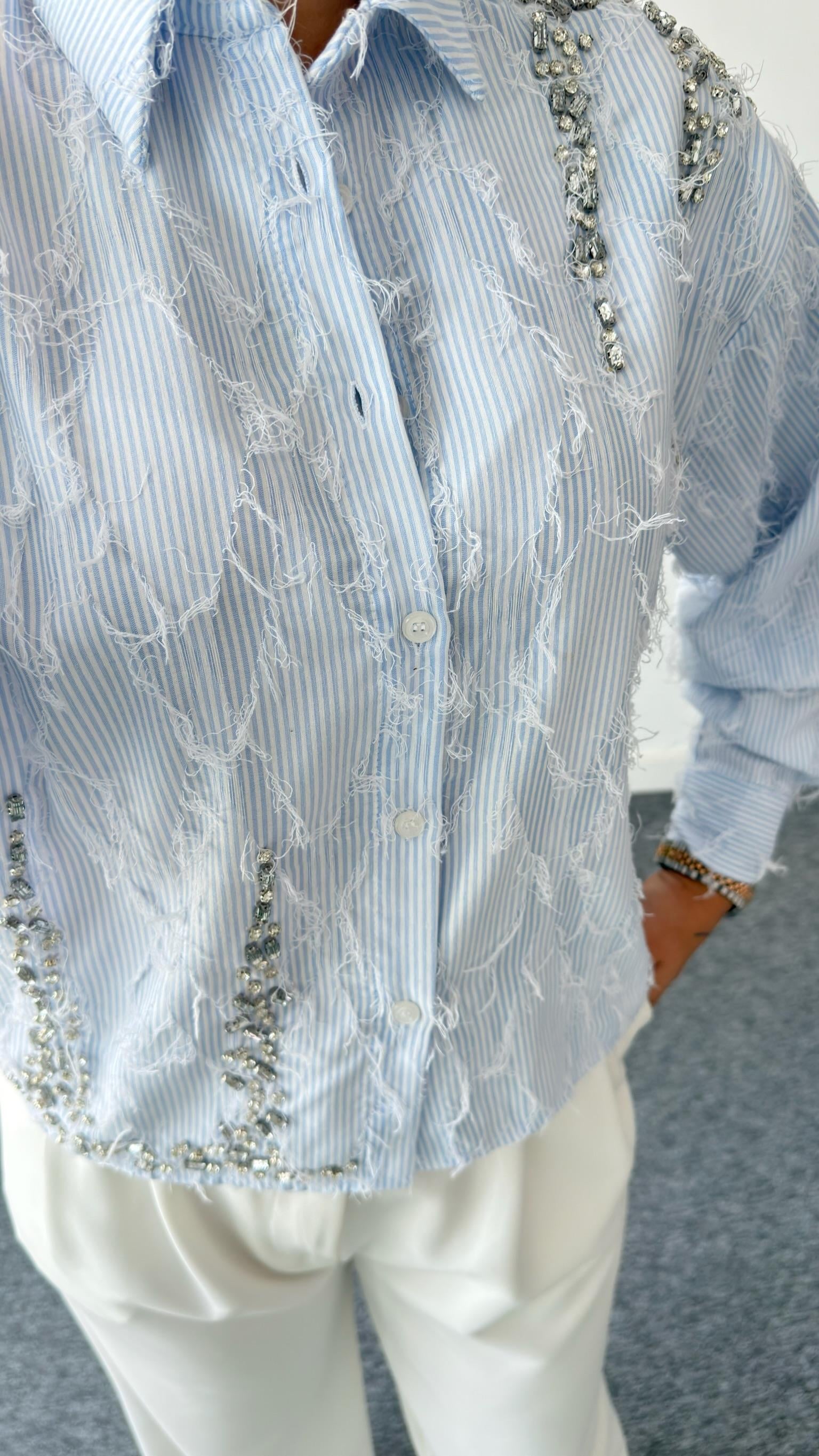 Fringed Taş İşlemeli Çizgili Tasarım Gömlek