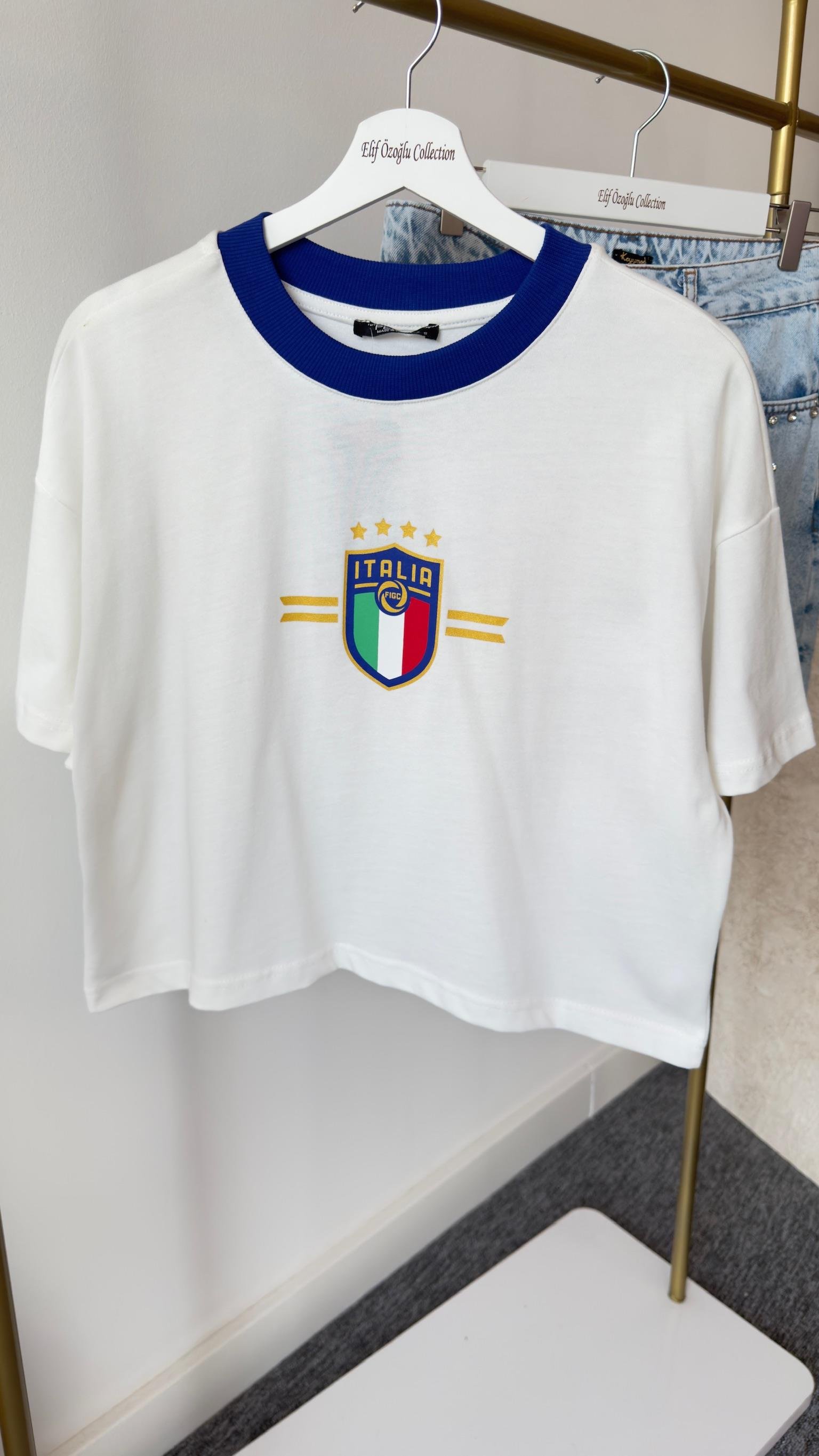 Italıa Baskı Mavi Ribanalı Beyaz Tshirt