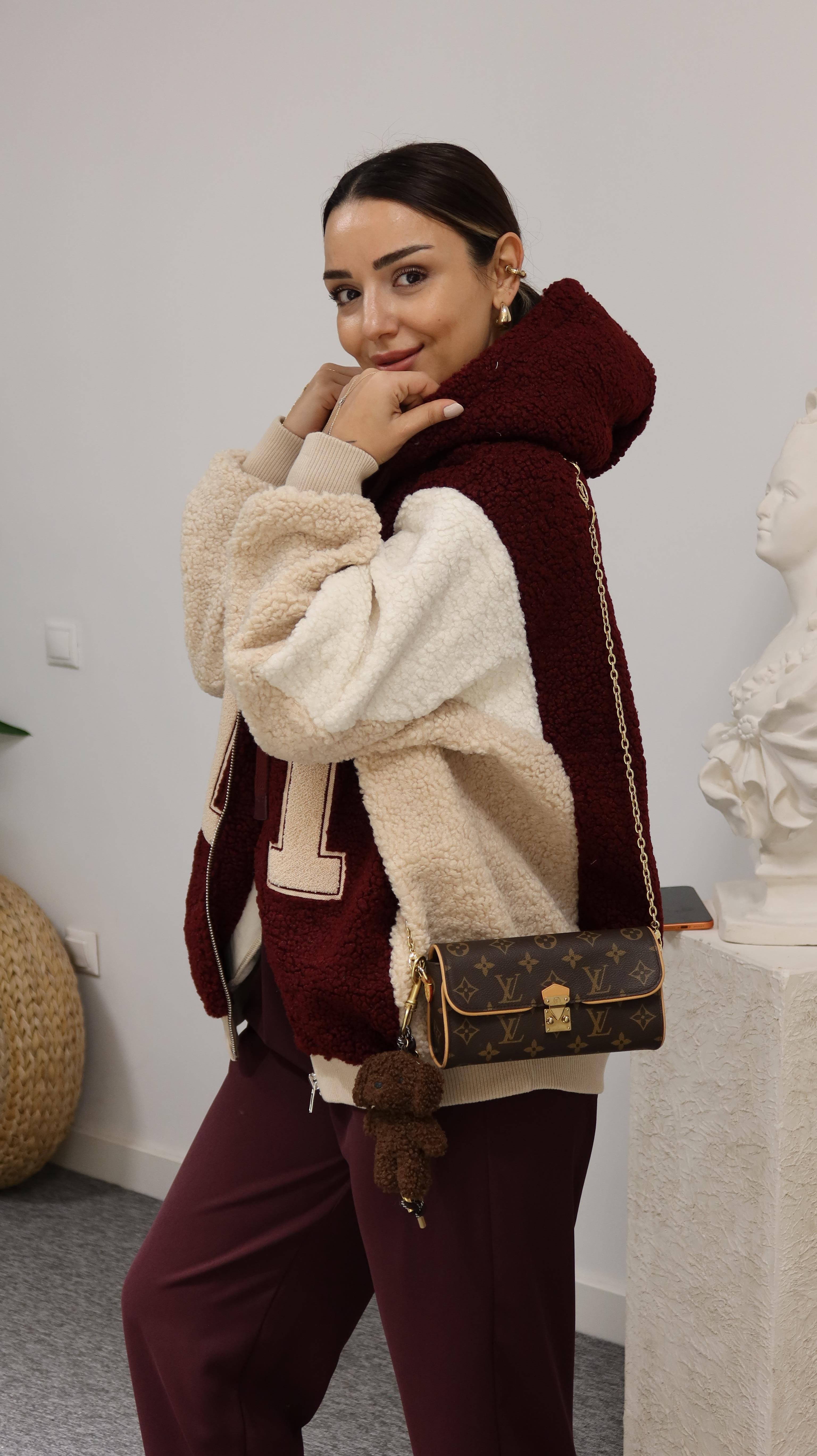 Bordo Premıum Yazı Detaylı Peluş Mont