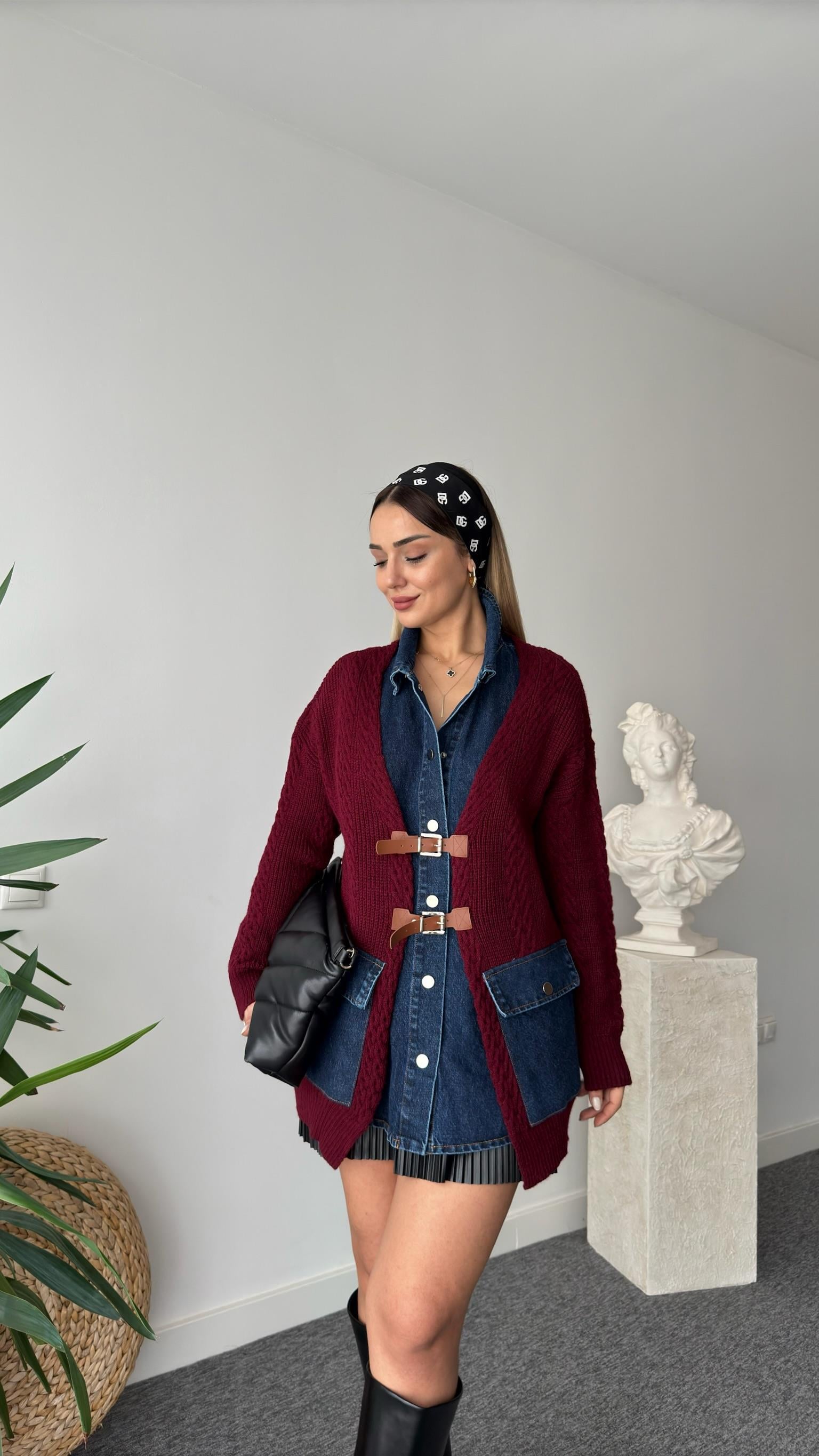 Bordo Neil Kot Gömlek Parçalı Tasarım Hırka