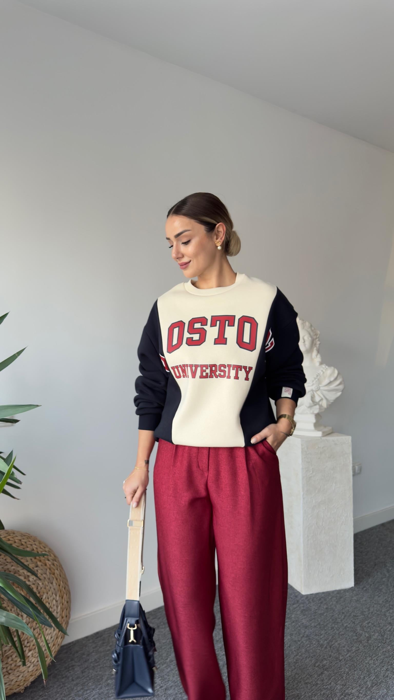 Boston Yazılı Çift Renk Sweatshirt