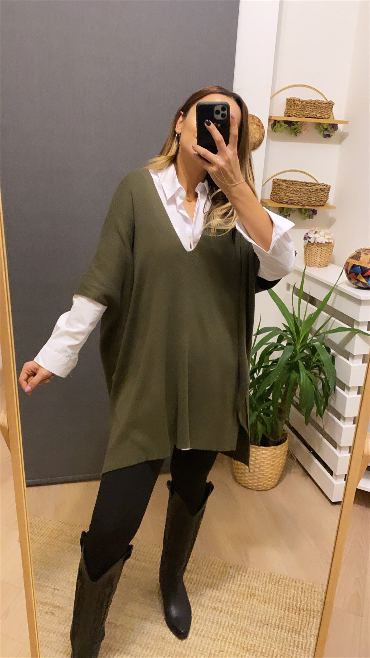 V Yaka Oversize Haki Triko