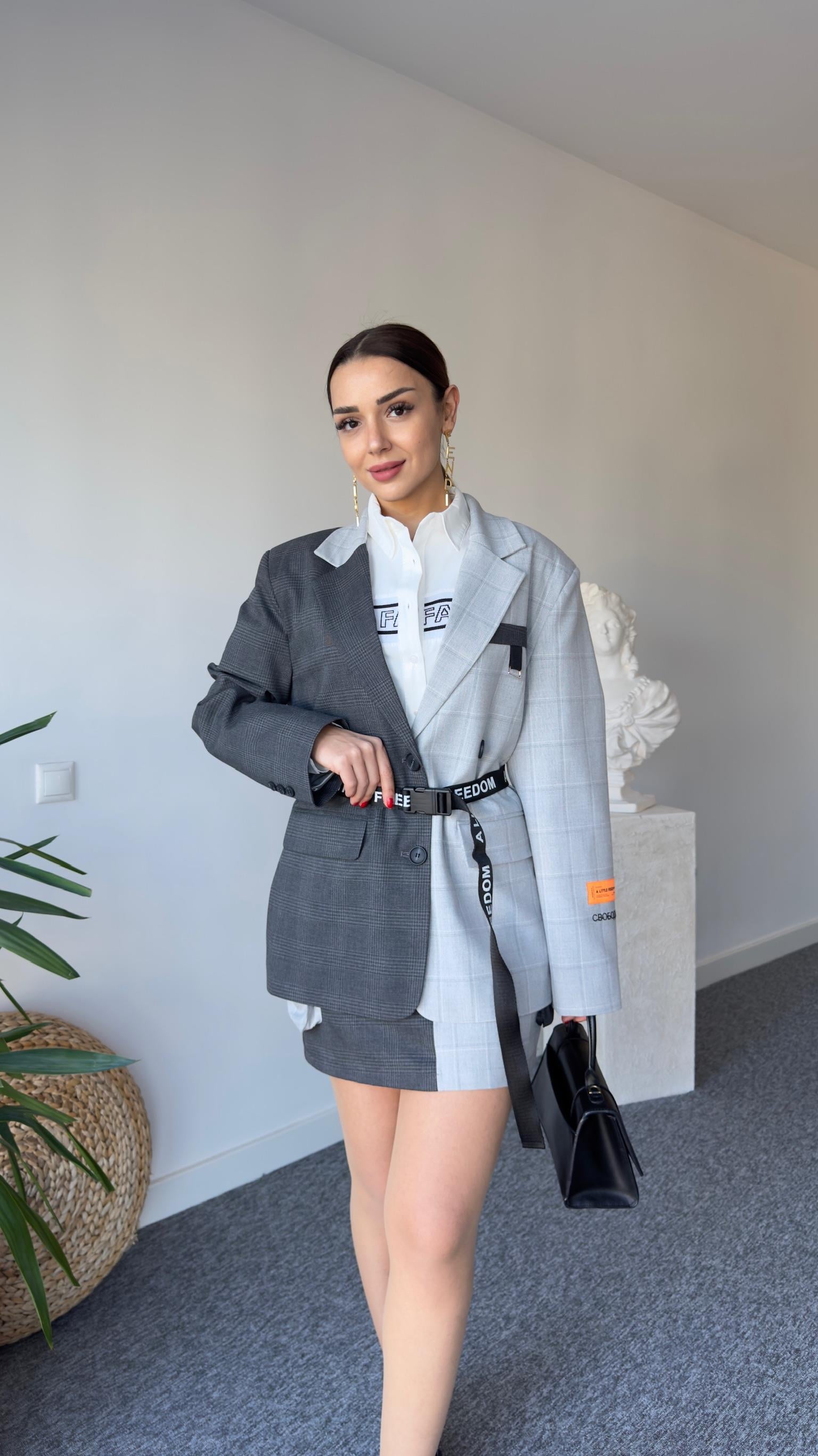 Premıum Kemerli Tasarım Ekose Blazer