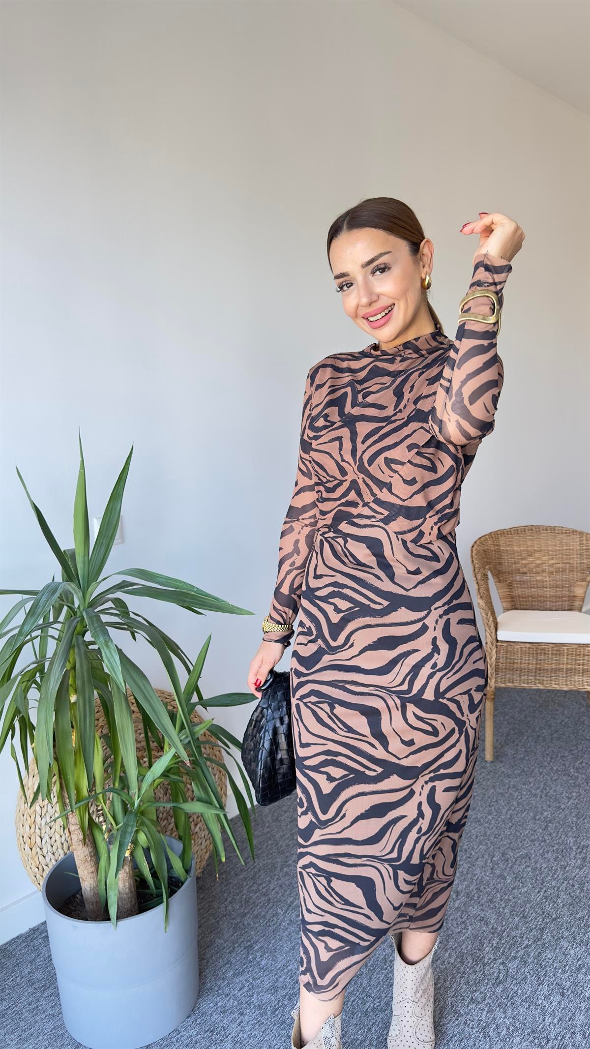 Lıme Zebra Desen Parçalı Uzun Elbise