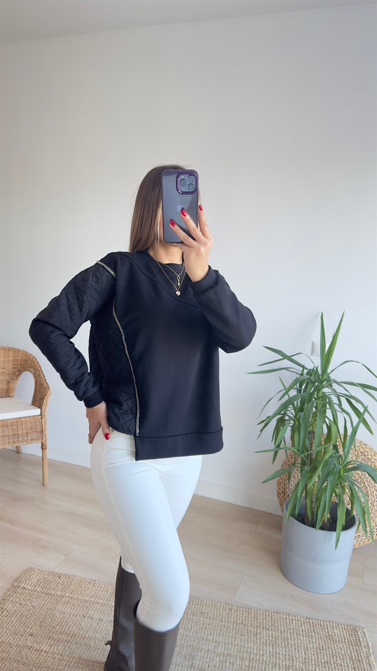 Siyah Kapitoneli Taş Detay Sweat