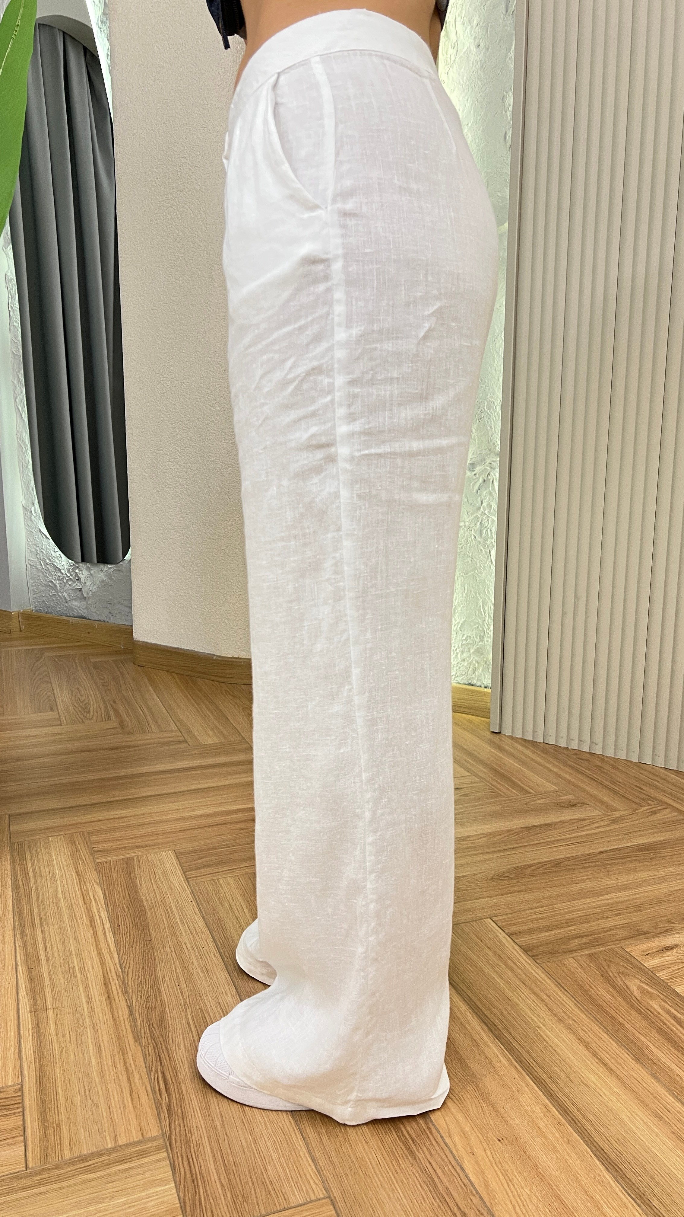 Beyaz Ham Keten Bol Paça Pantolon