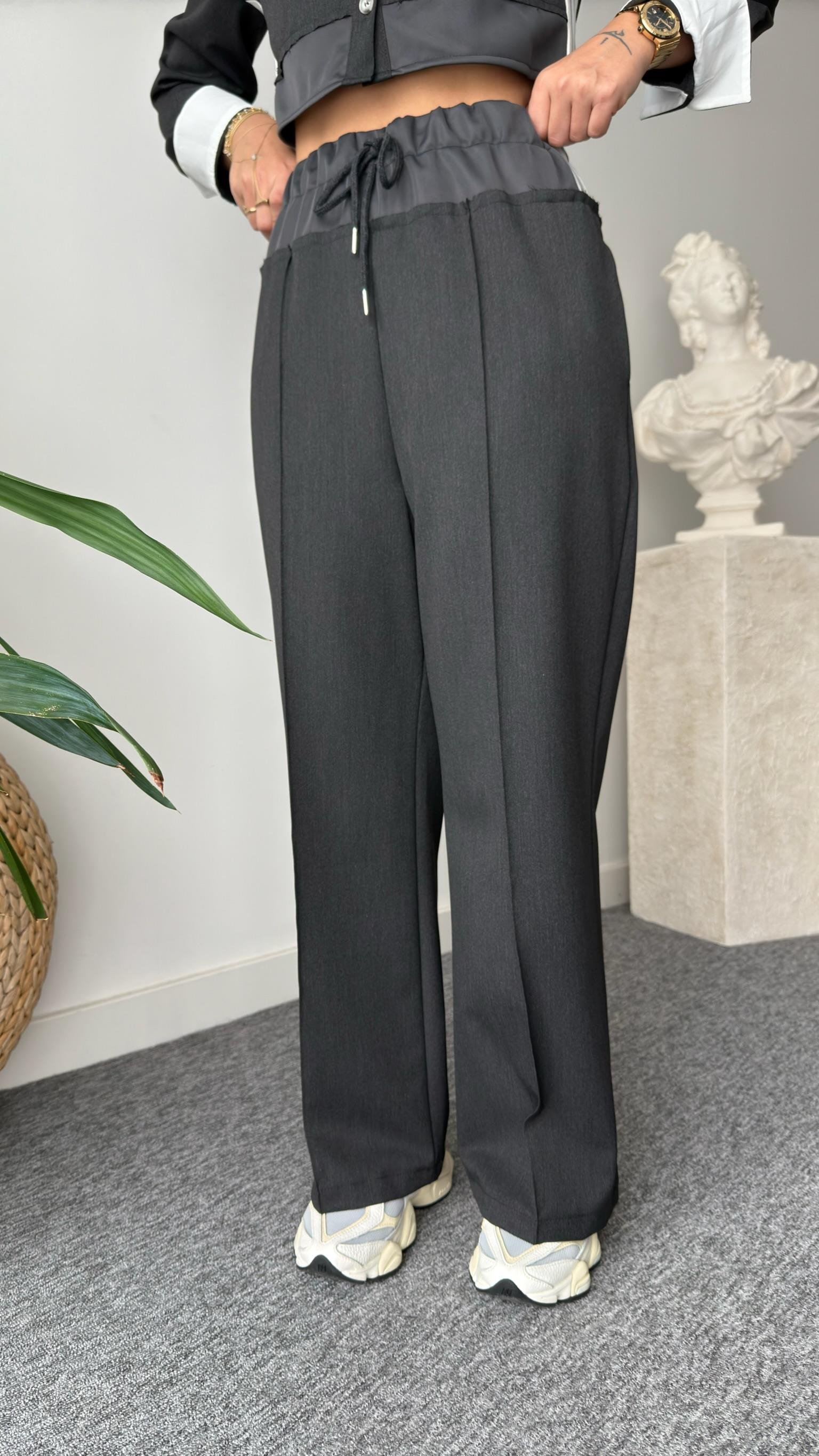 Linen Bel Detaylı Antrasit Pantolon